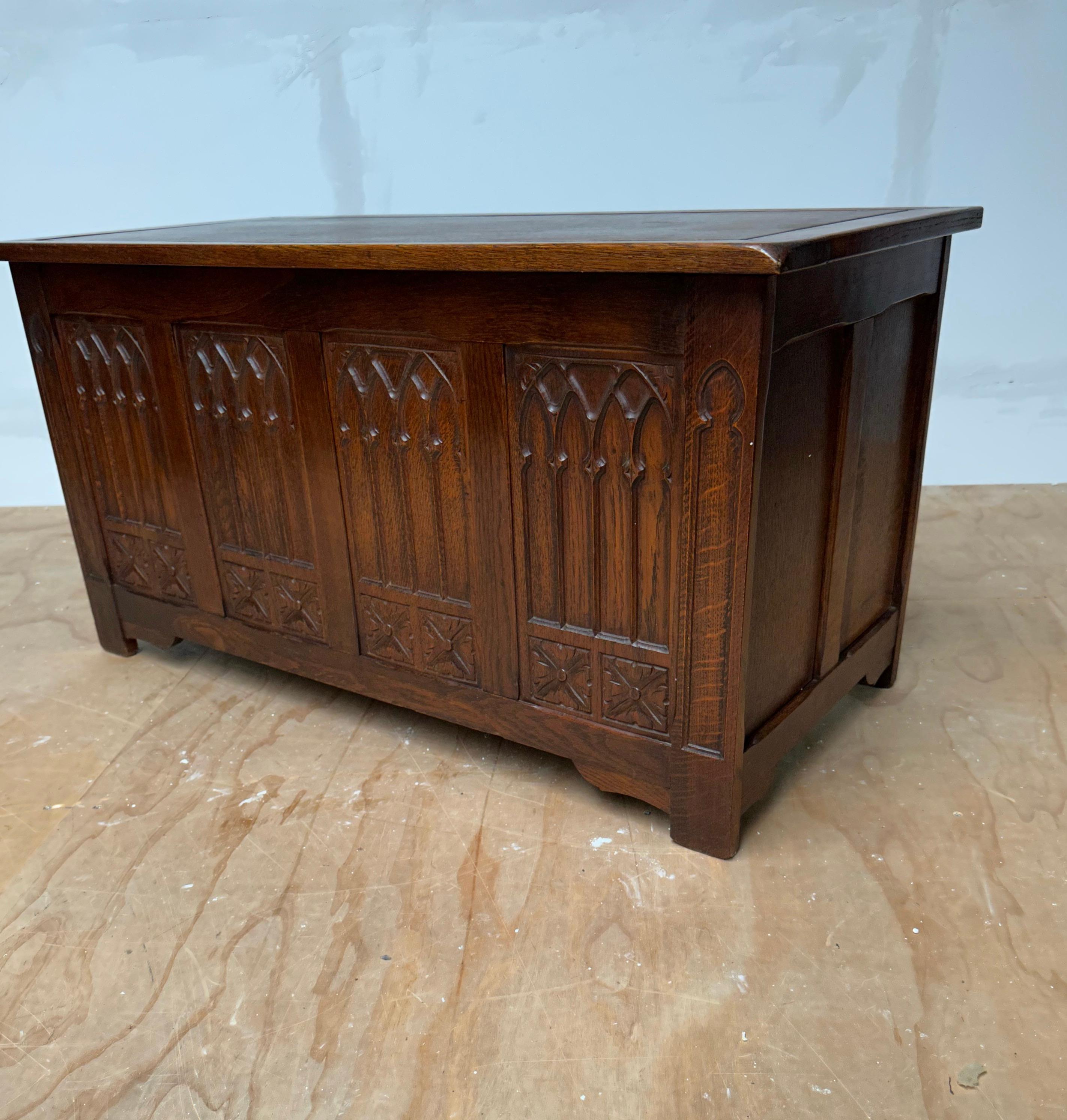 Stunning & Quality Carved Gothic Revival Blanket Chest with Church Window Panels 10