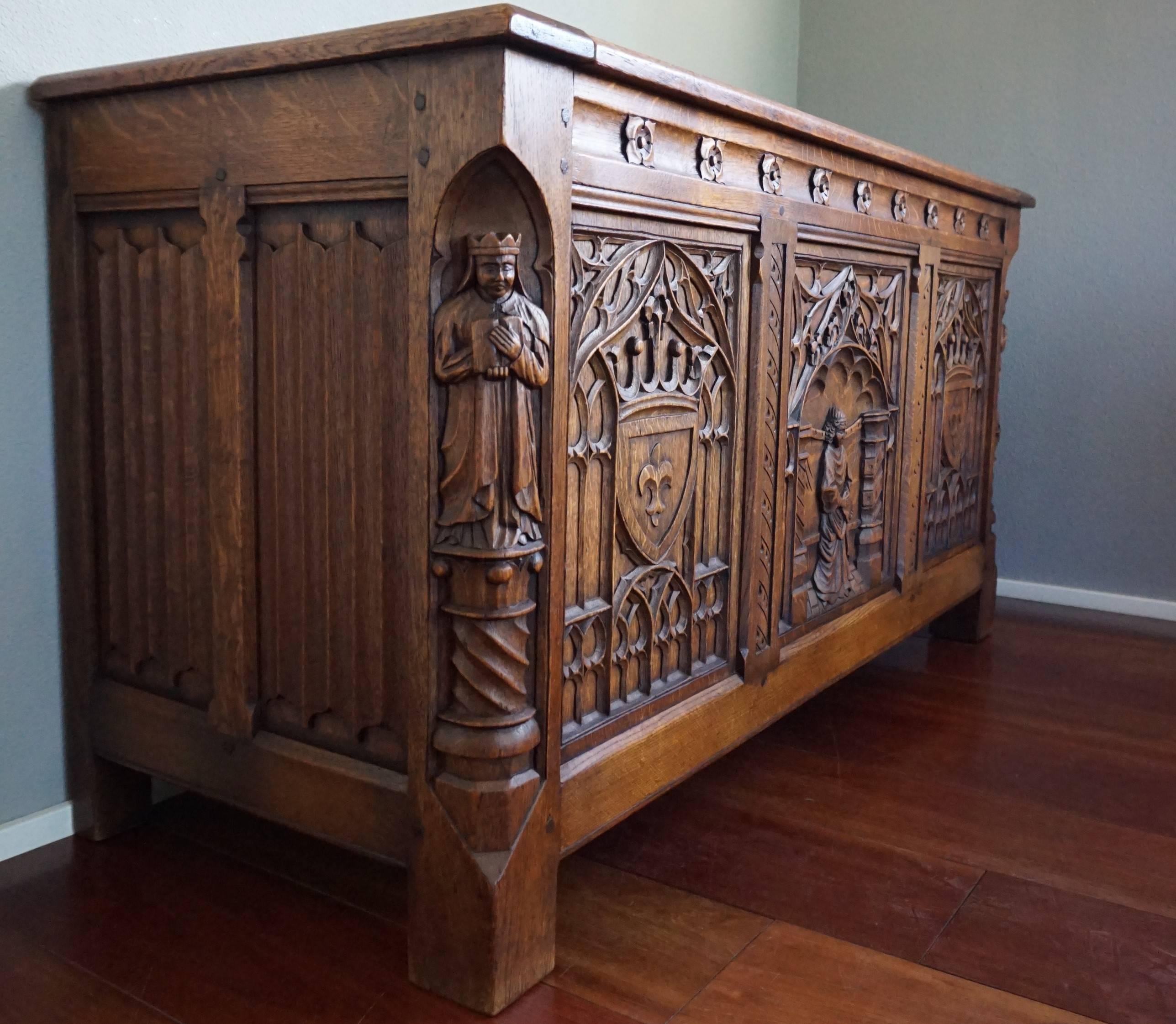 Stunning & Quality Carved Gothic Revival Blanket Chest with Church Window Panels 11