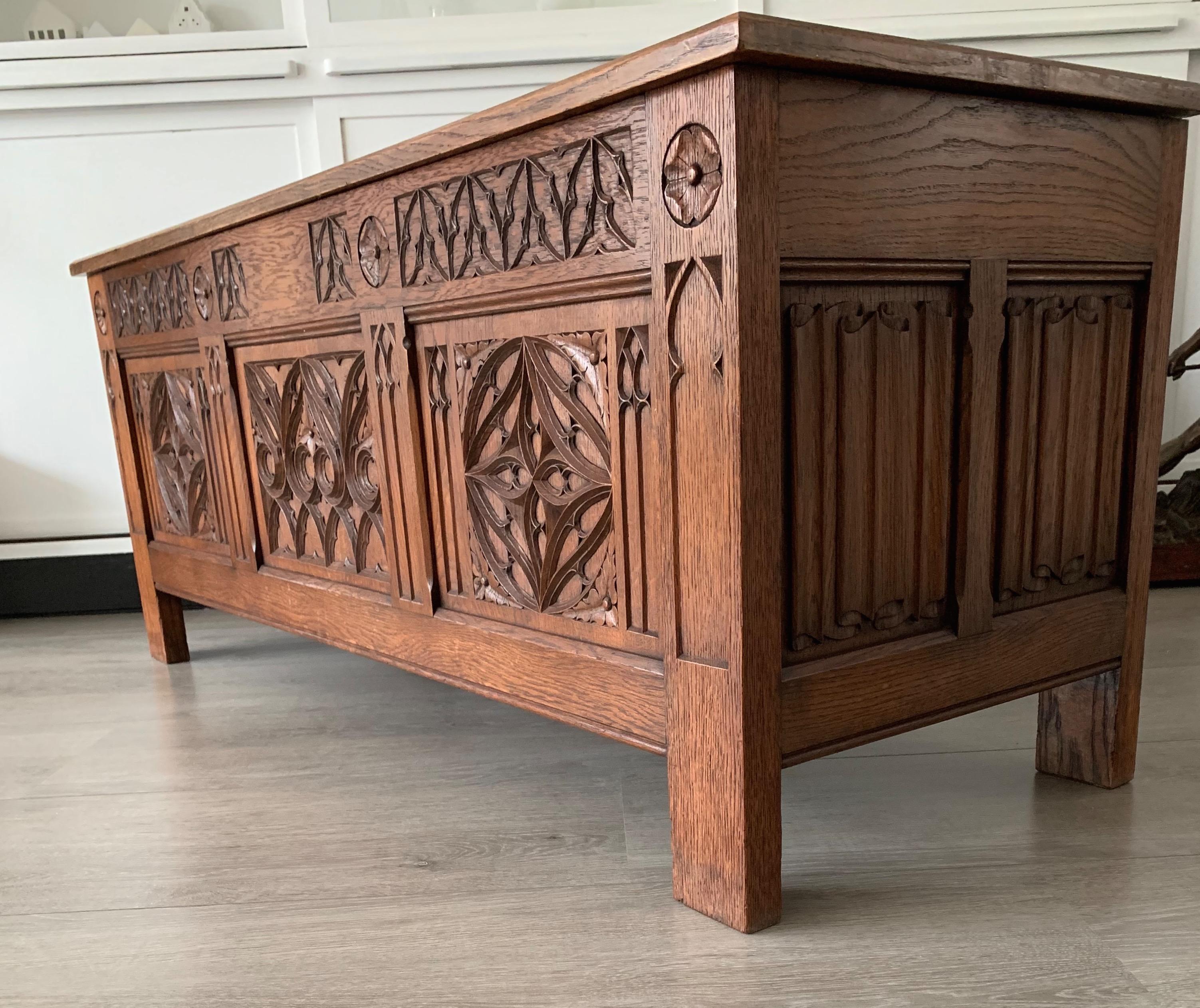 Stunning & Quality Carved Gothic Revival Blanket Chest with Church Window Panels 12
