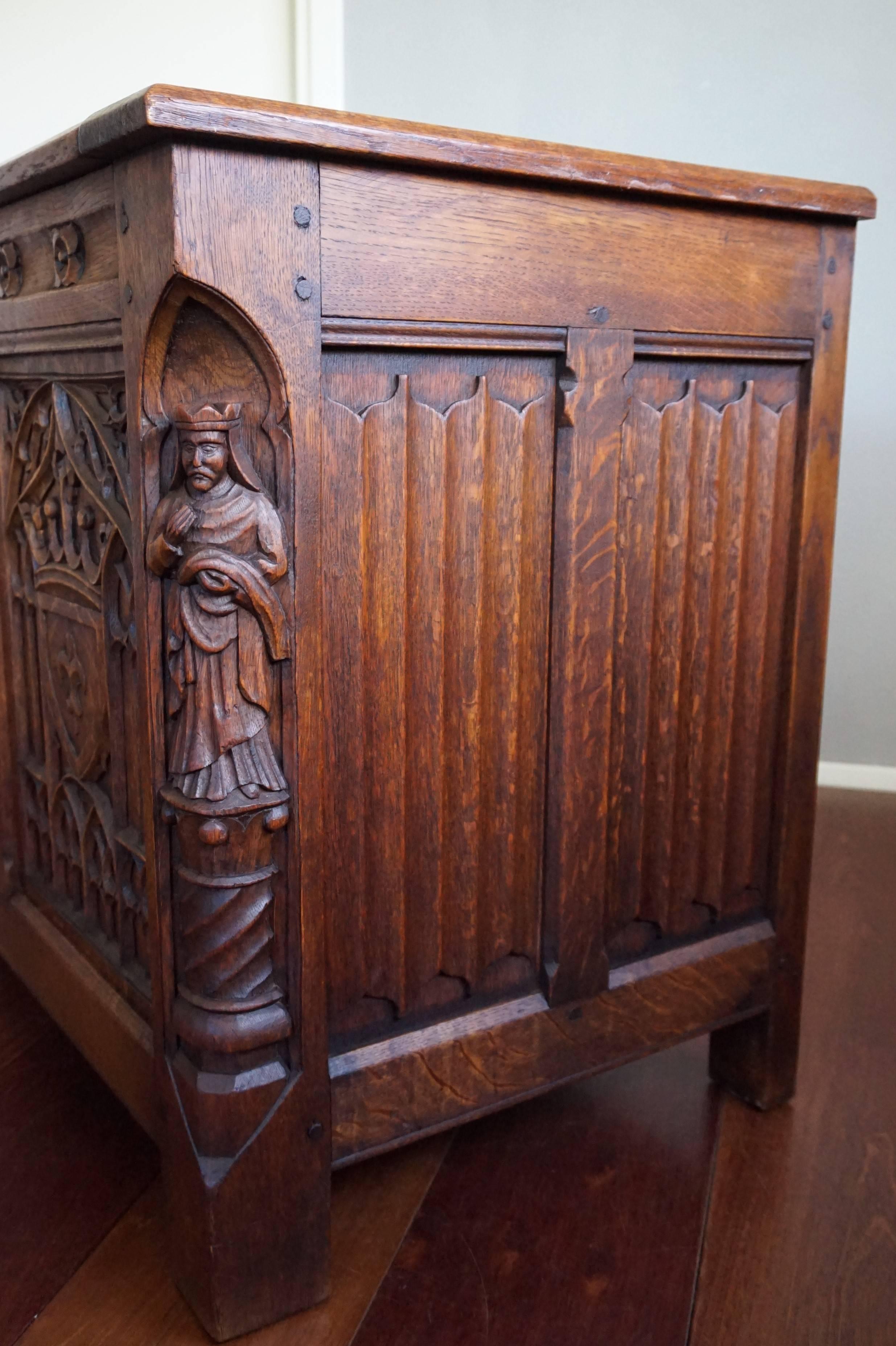 European Stunning & Quality Carved Gothic Revival Blanket Chest with Church Window Panels