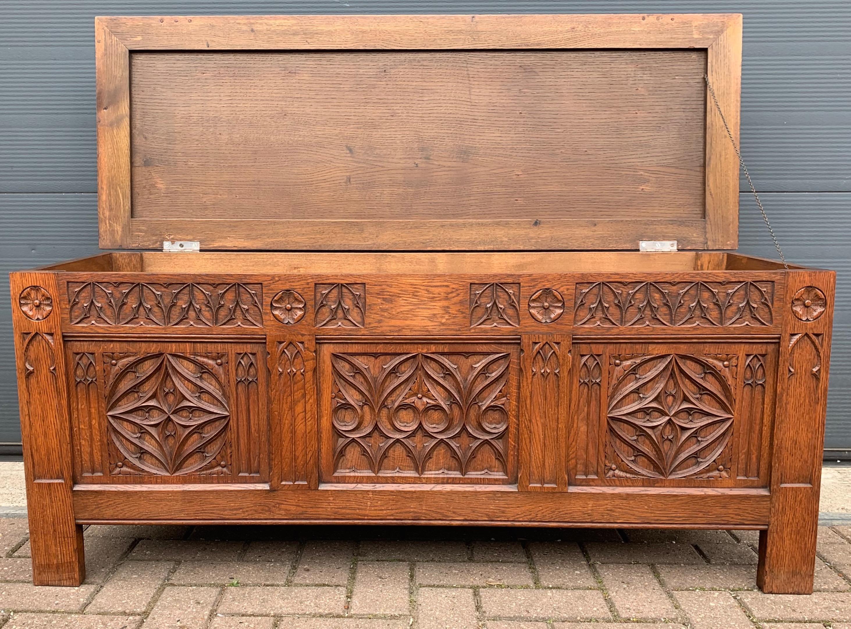 European Stunning & Quality Carved Gothic Revival Blanket Chest with Church Window Panels