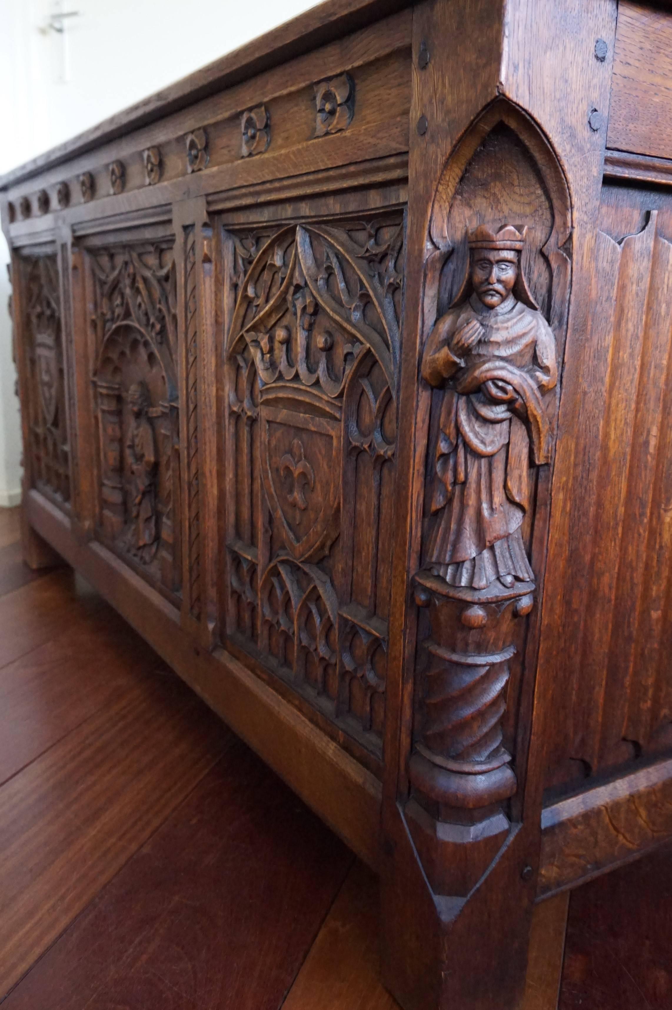 Hand-Carved Stunning & Quality Carved Gothic Revival Blanket Chest with Church Window Panels