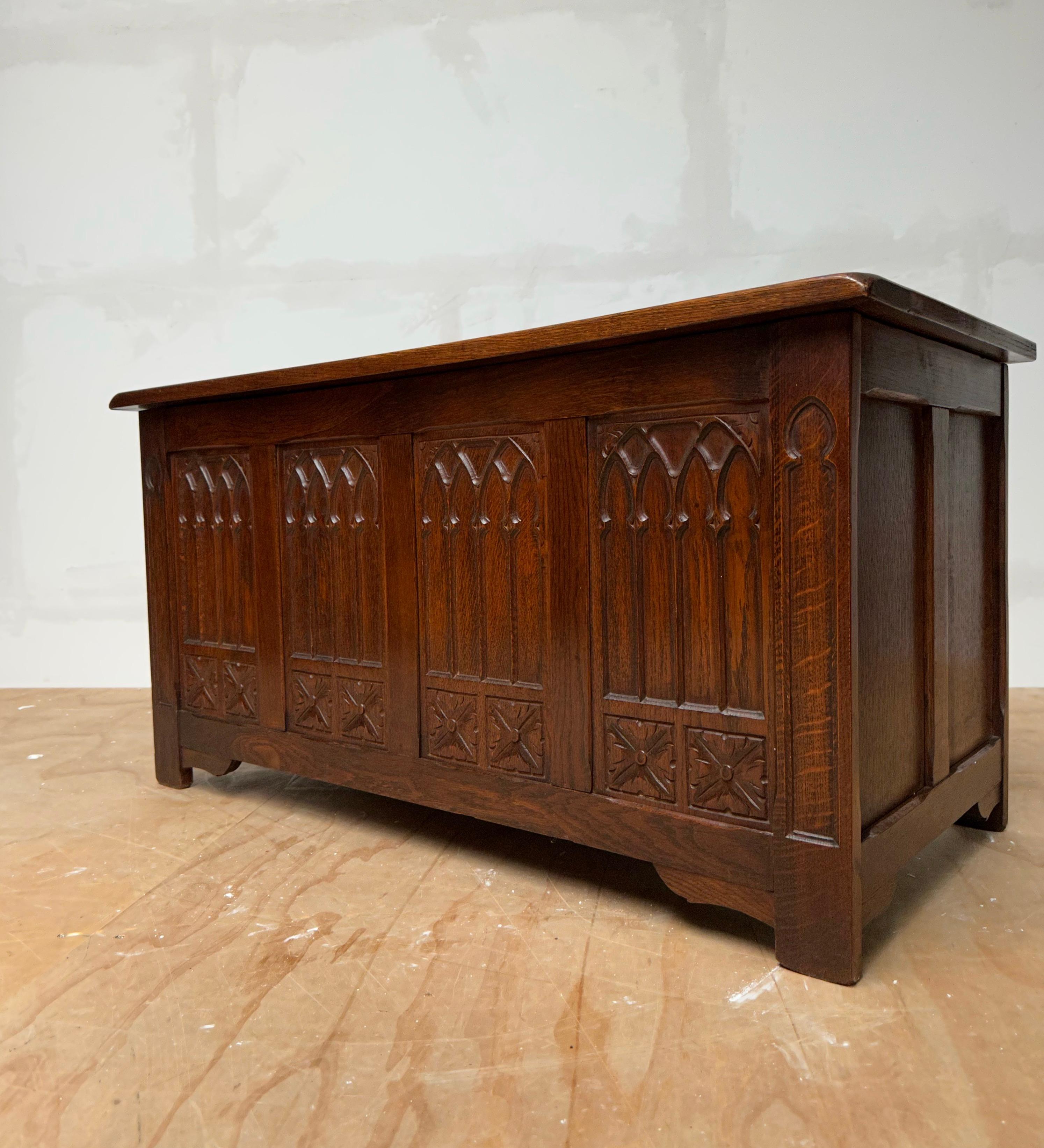 Hand-Crafted Stunning & Quality Carved Gothic Revival Blanket Chest with Church Window Panels