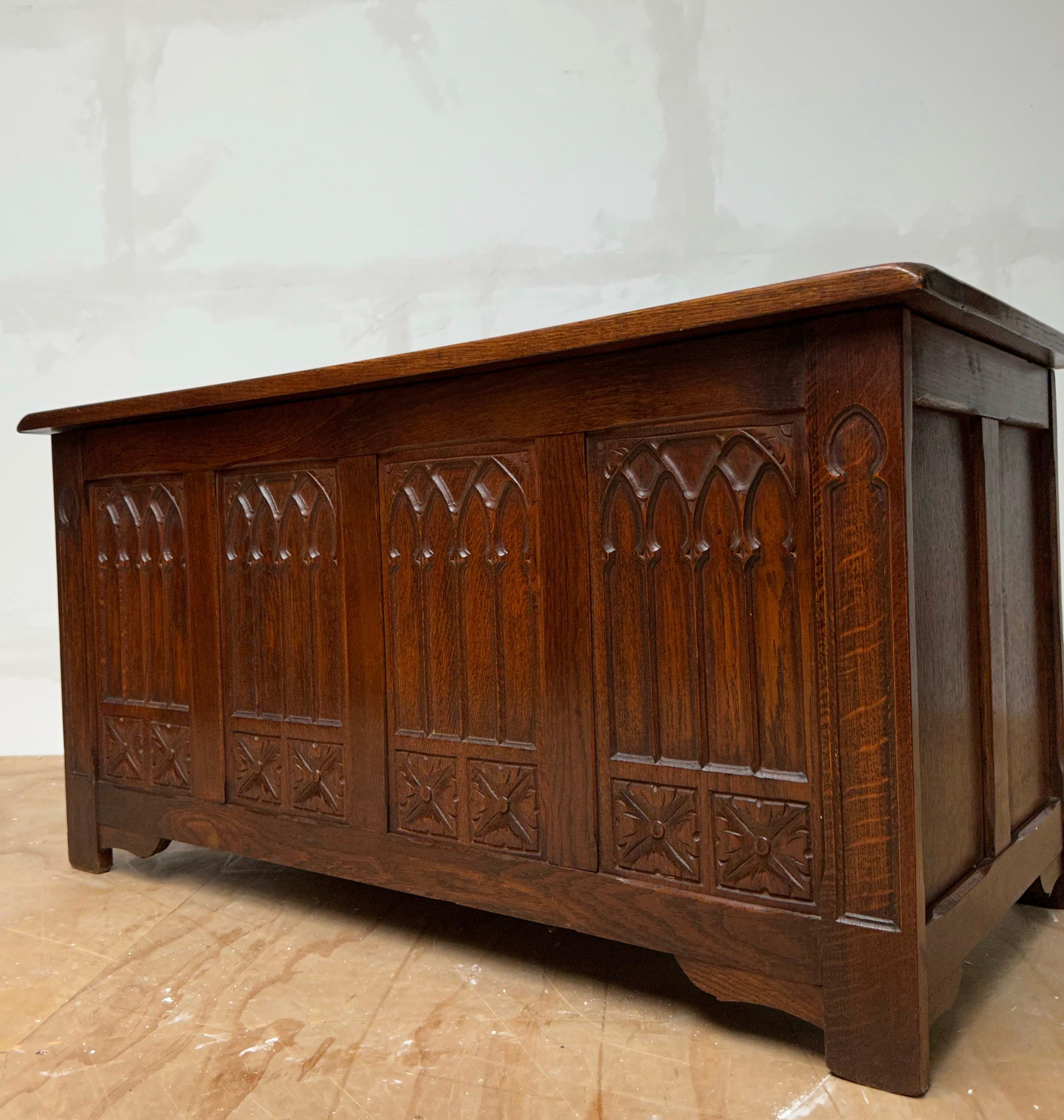 20th Century Stunning & Quality Carved Gothic Revival Blanket Chest with Church Window Panels