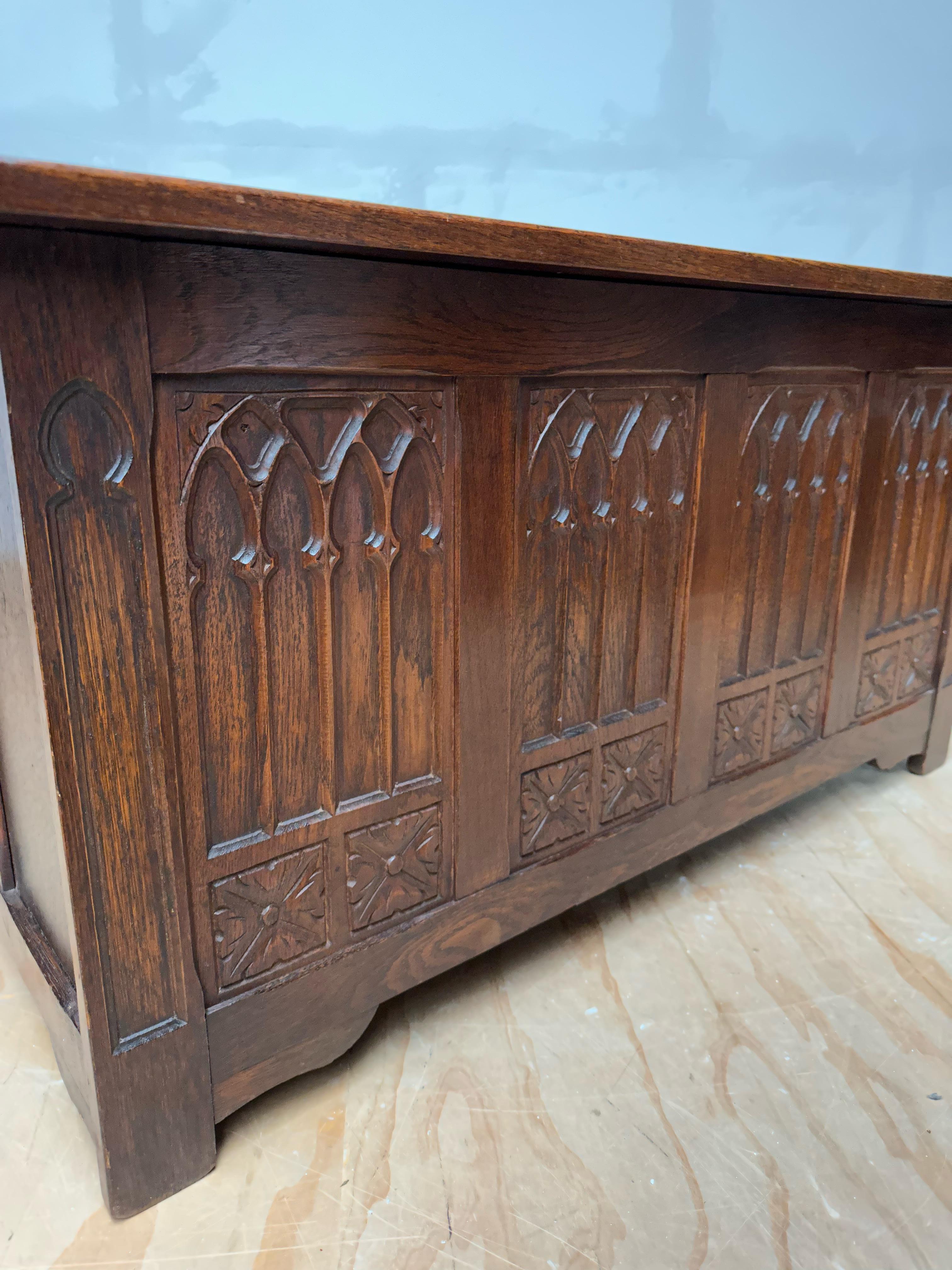 Oak Stunning & Quality Carved Gothic Revival Blanket Chest with Church Window Panels