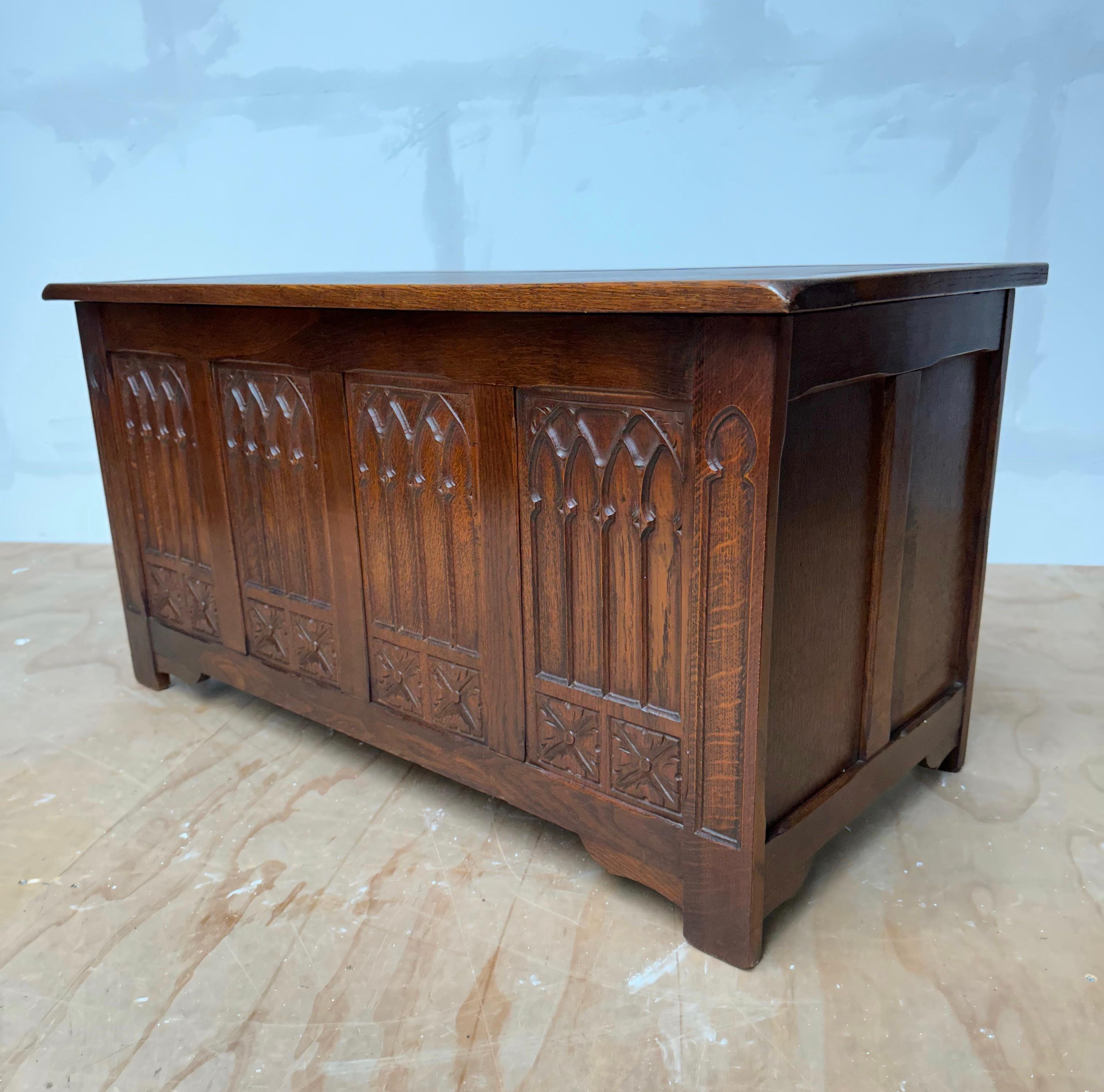 Stunning & Quality Carved Gothic Revival Blanket Chest with Church Window Panels 1