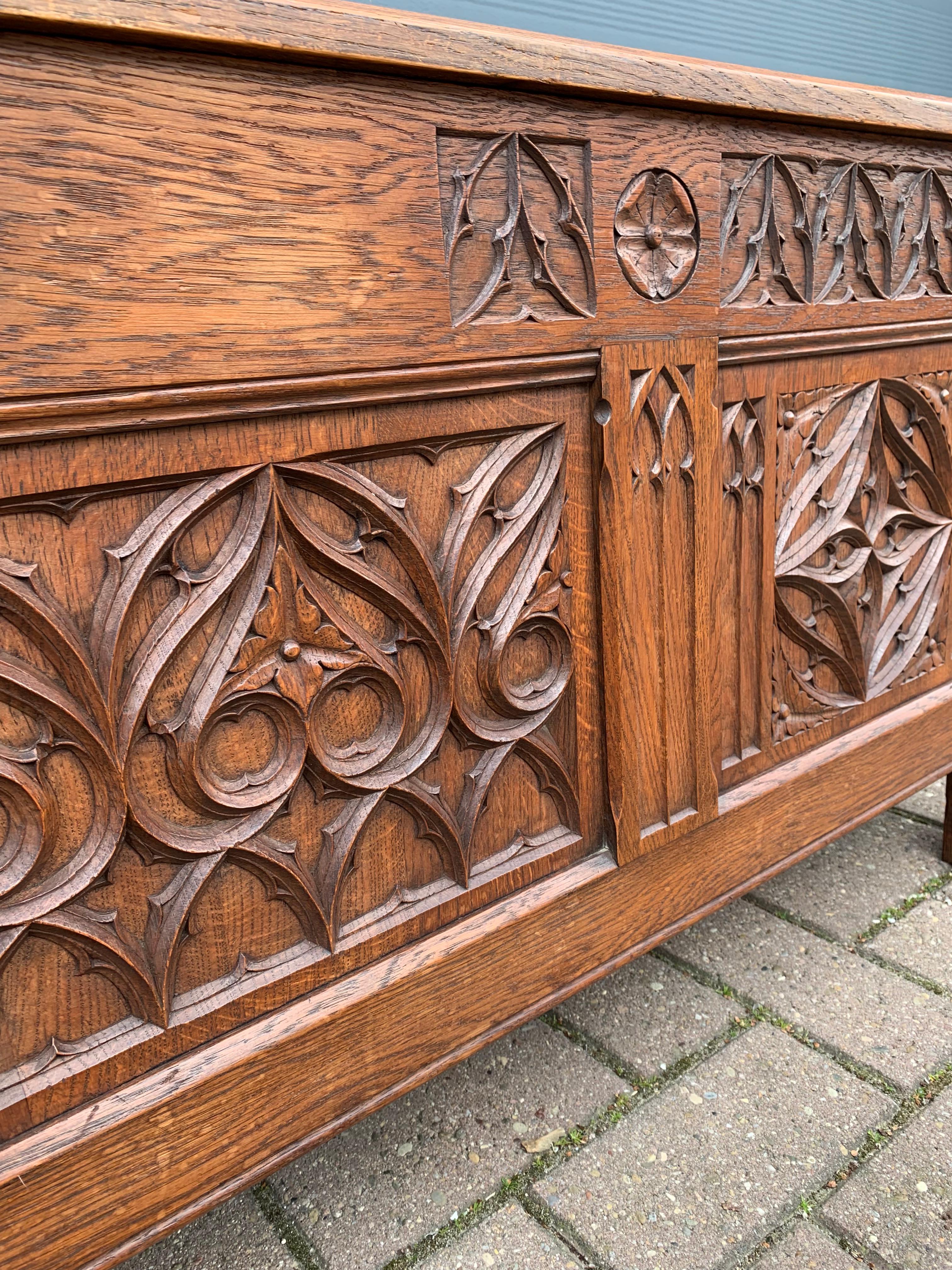 Stunning & Quality Carved Gothic Revival Blanket Chest with Church Window Panels 2