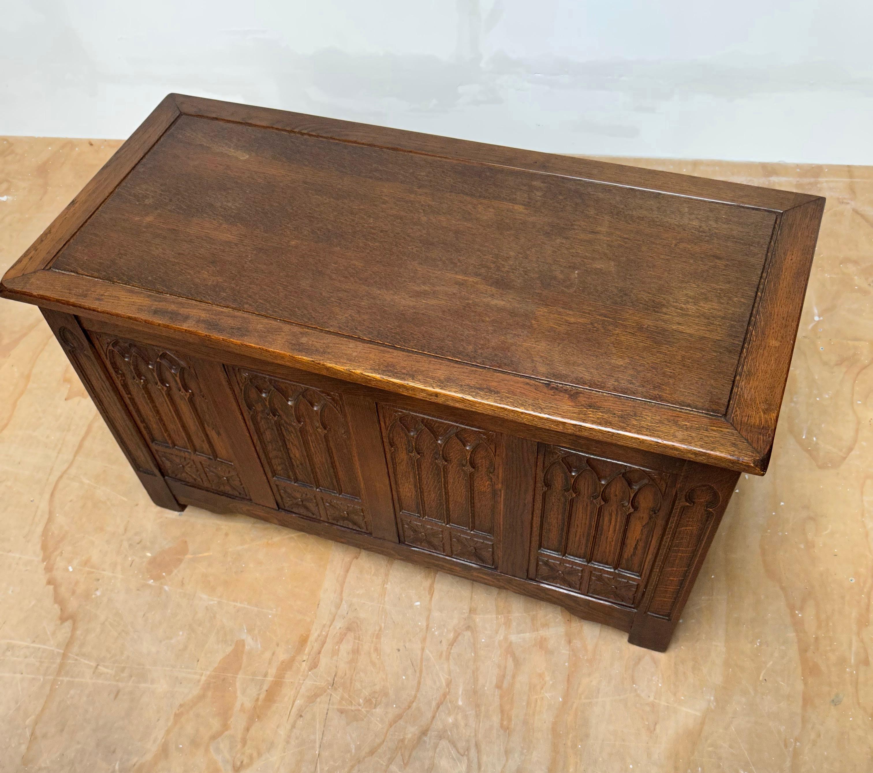 Stunning & Quality Carved Gothic Revival Blanket Chest with Church Window Panels 2