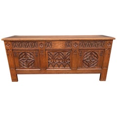 Stunning & Quality Carved Gothic Revival Blanket Chest with Church Window Panels