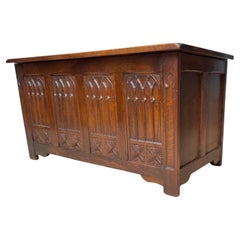 Stunning & Quality Carved Gothic Revival Blanket Chest with Church Window Panels