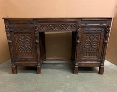 Stunning & Quality Carved Gothic Revival Desk with Church Window Panels & Guards