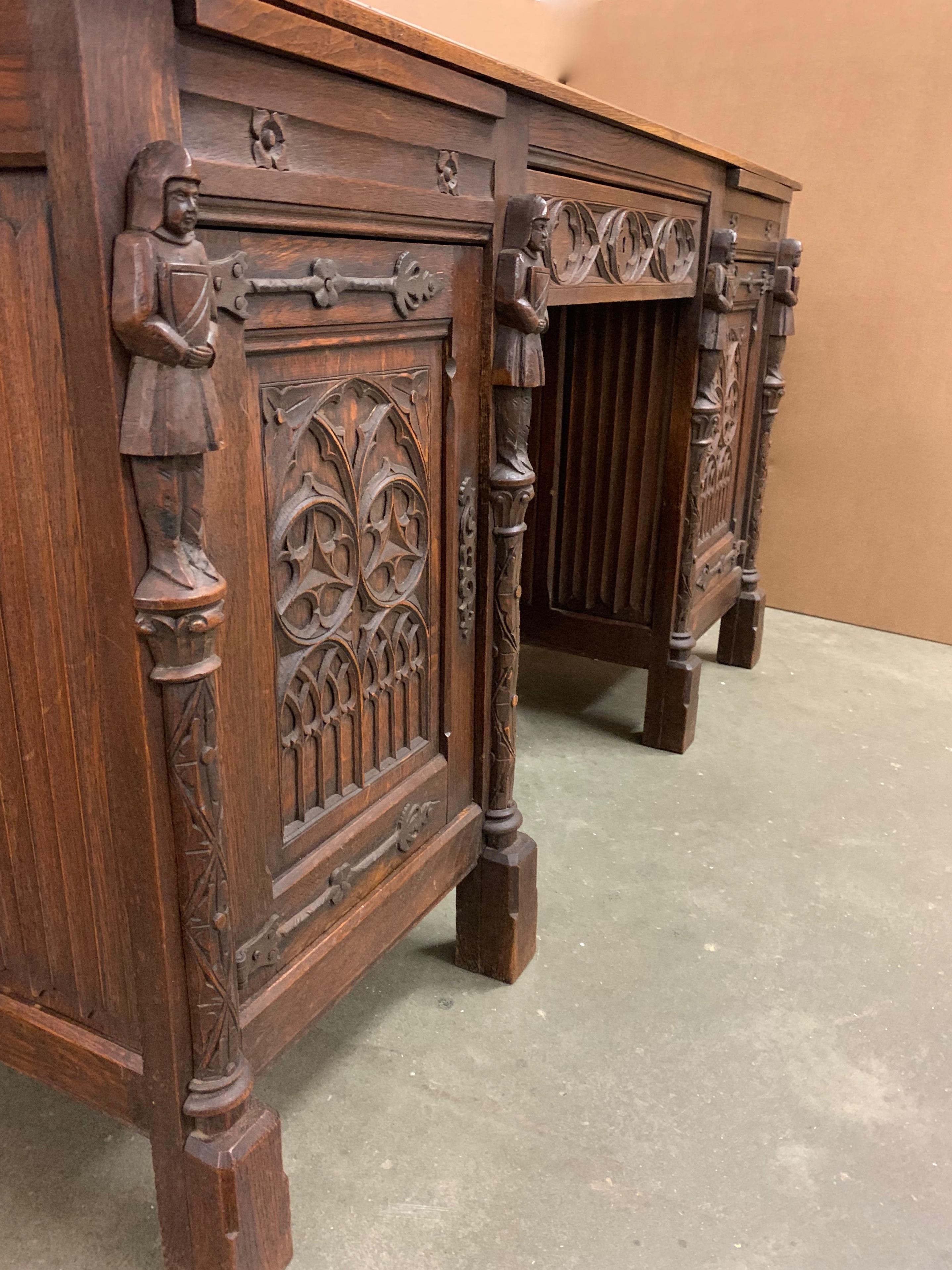 European Stunning & Quality Carved Gothic Revival Desk with Church Window Panels & Guards