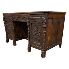 Antique Stunning & Quality Carved Gothic Revival Desk with Church Window Panels & Guards