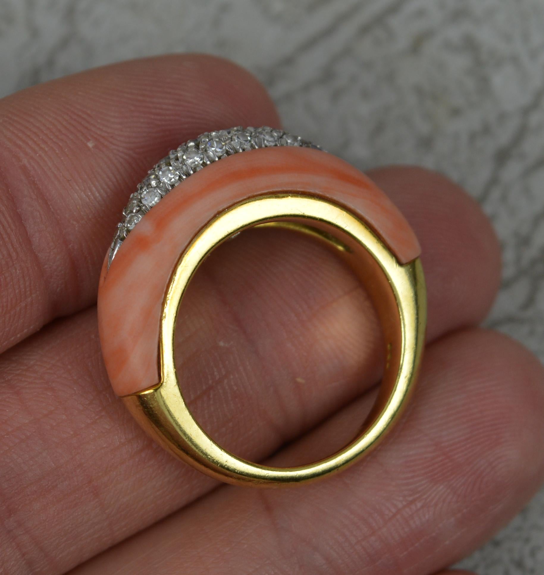 Women's Stunning Quality Coral and Diamond 18 Carat Gold Band Ring For Sale