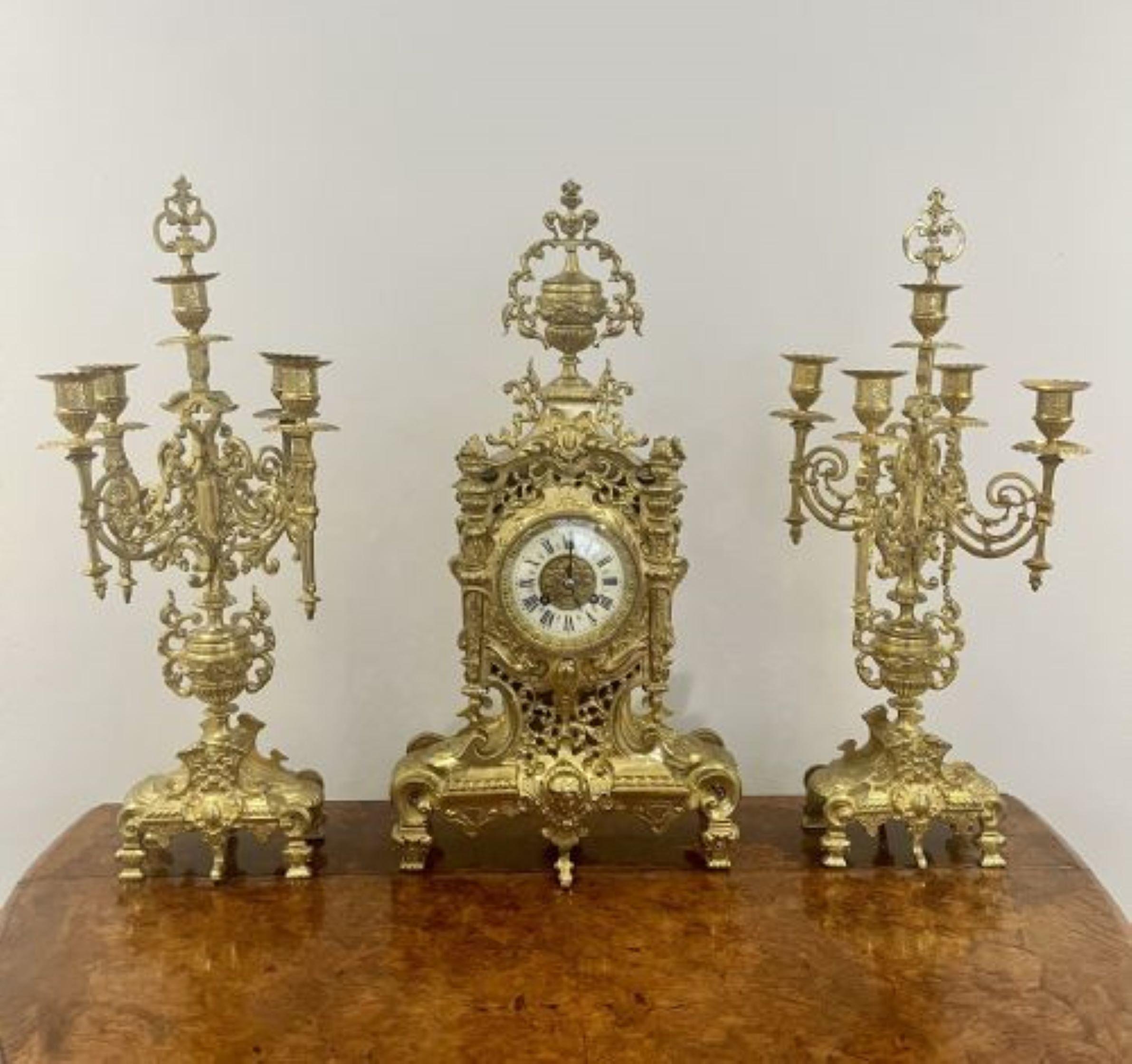 Brass Stunning quality French antique Victorian ornate brass clock garniture  For Sale