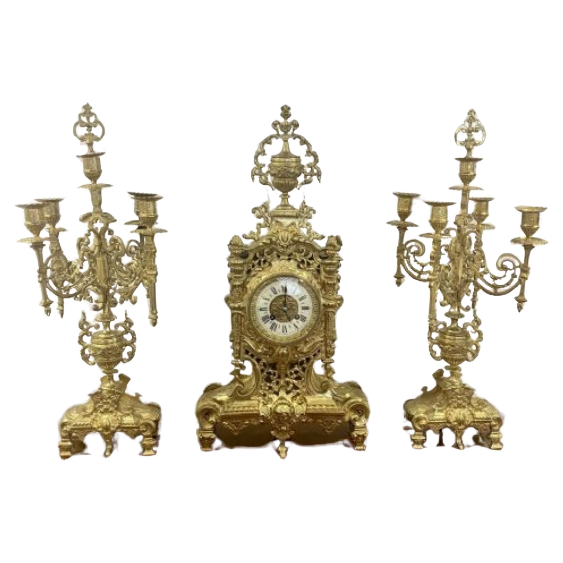 Stunning quality French antique Victorian ornate brass clock garniture  For Sale