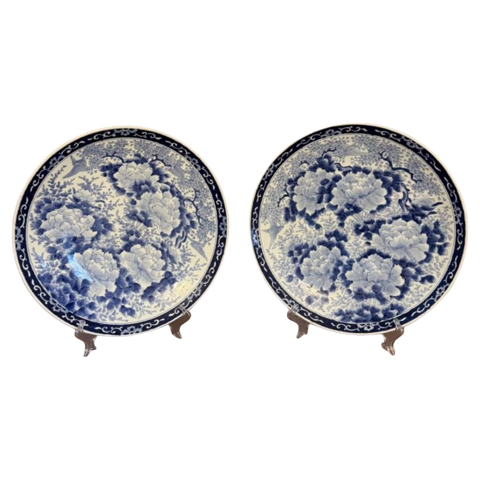 Stunning quality pair of antique Japanese imari blue and white chargers