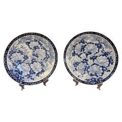 Stunning quality pair of antique Japanese imari blue and white chargers