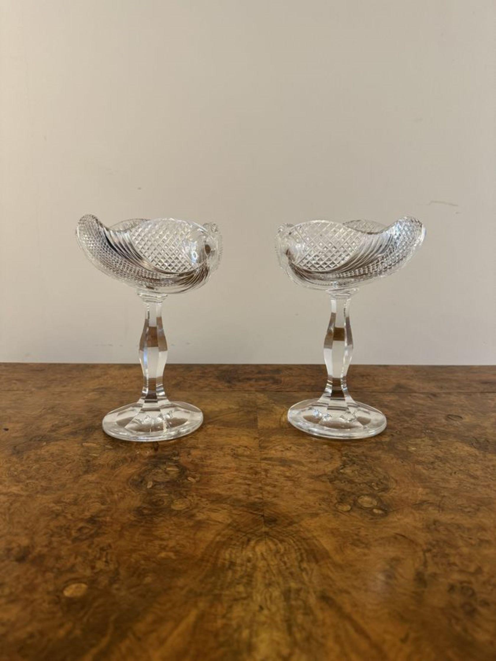 Stunning quality pair of antique Victorian cut glass comports, having a quality pair of antique Victorian cut glass comports, fantastic cut glass detail, wonderful shaped bodies, raised on a shaped pedestal above circular shaped bases. In immaculate