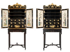 Stunning quality pair of Chinese export canton black lacquer desk cabinet