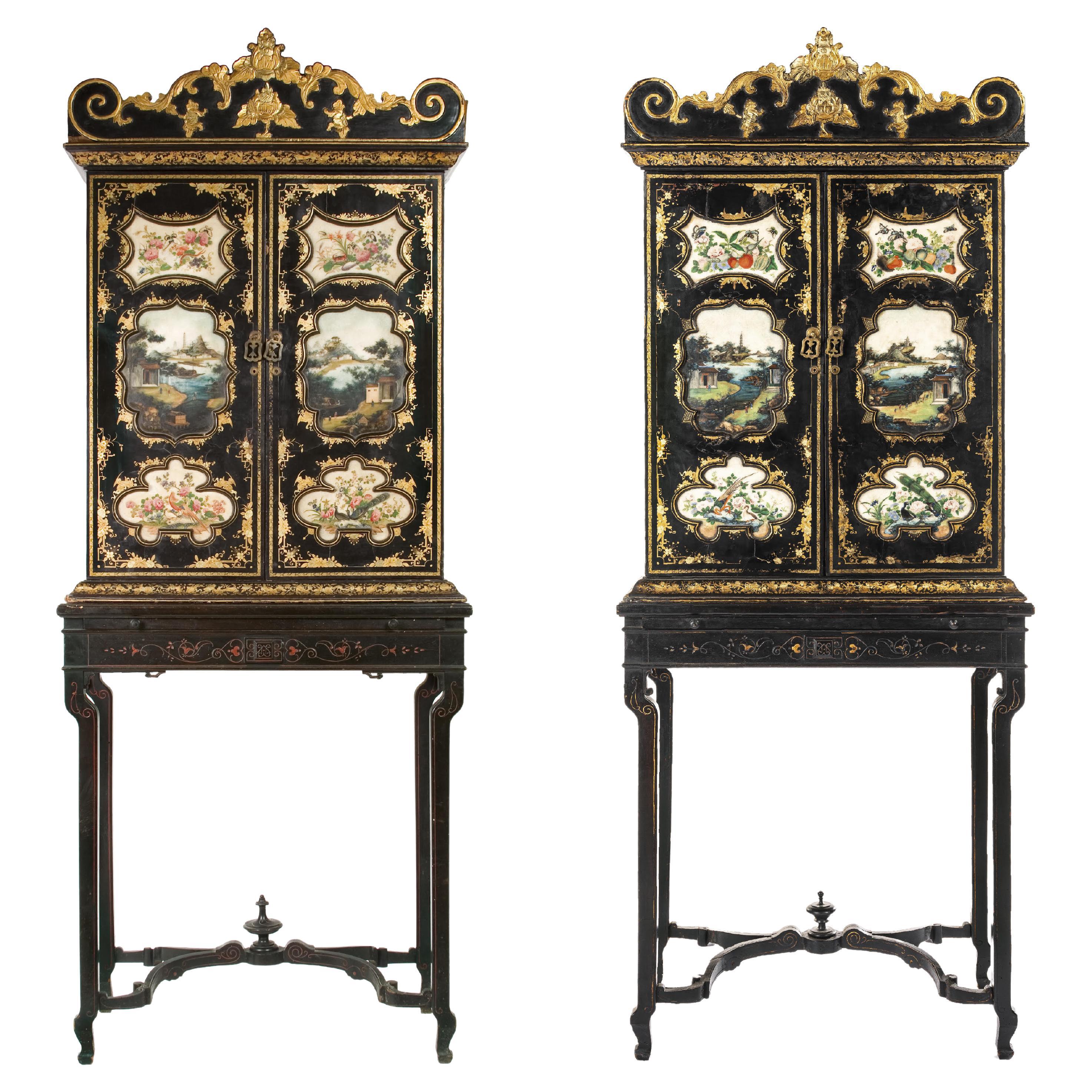 Stunning quality pair of Chinese export canton black lacquer desk cabinet