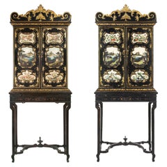 Stunning quality pair of Chinese export canton black lacquer desk cabinet