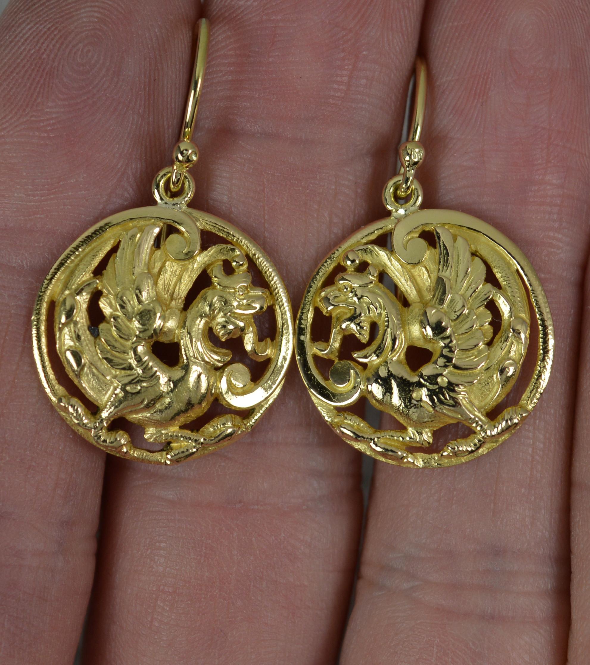 Stunning Quality Victorian 18 Carat Gold Phoenix Griffin Earrings In Good Condition For Sale In St Helens, GB