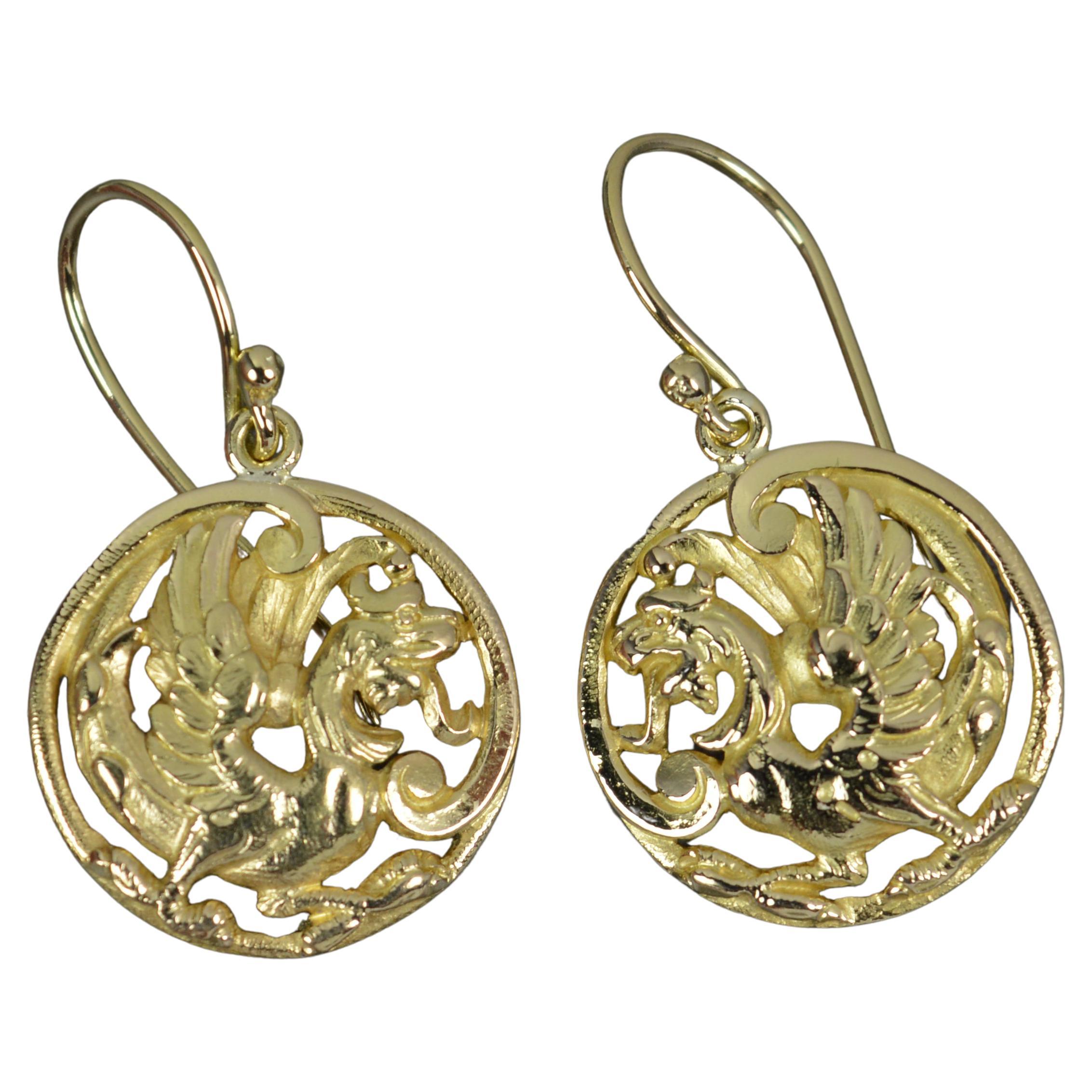 Stunning Quality Victorian 18 Carat Gold Phoenix Griffin Earrings For Sale