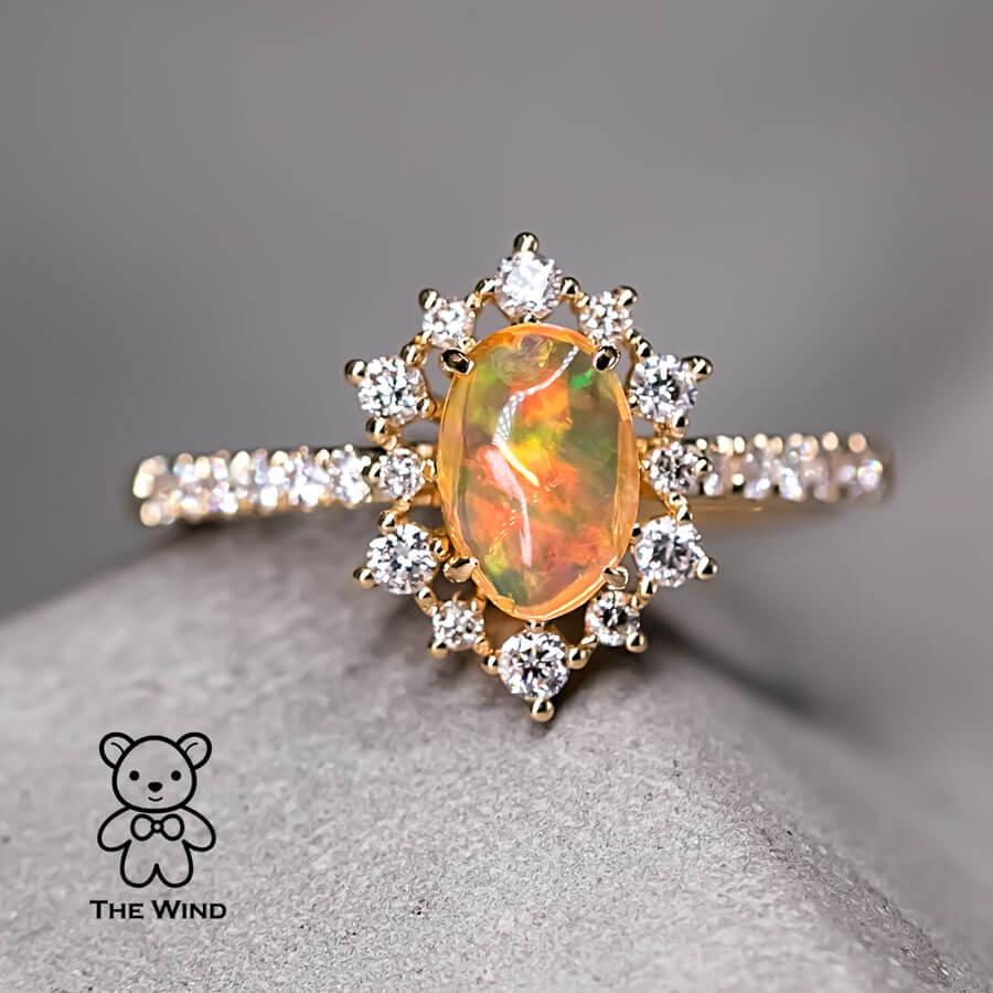 Brilliant Cut Stunning Rainbow Mexican Fire Opal Diamond Engagement Ring 18K Yellow Gold For Sale