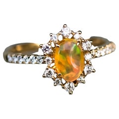 Stunning Rainbow Mexican Fire Opal Diamond Engagement Ring 18K Yellow Gold