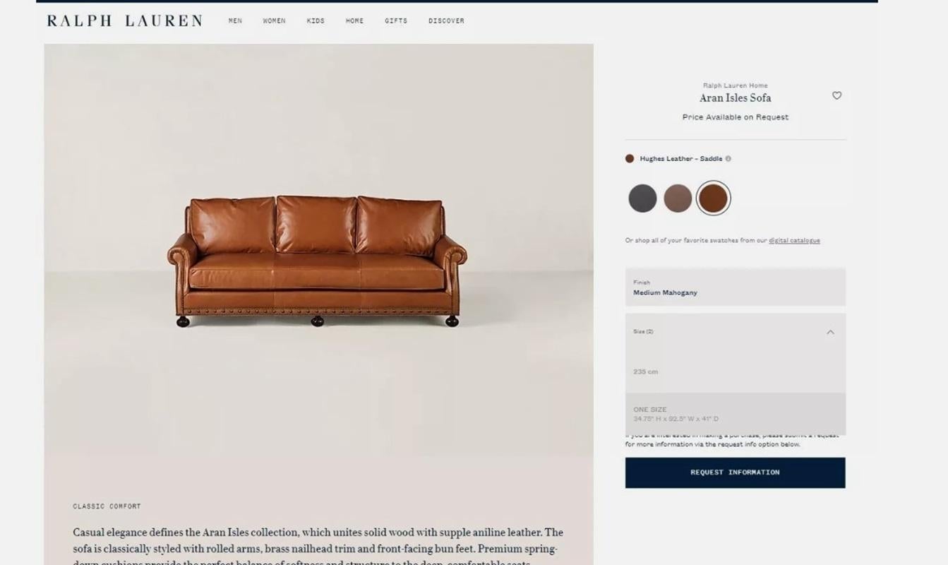 Art déco superbe canapé en cuir brun RALPH LAUREN ARAN ISLES CUSTOM MADE en vente