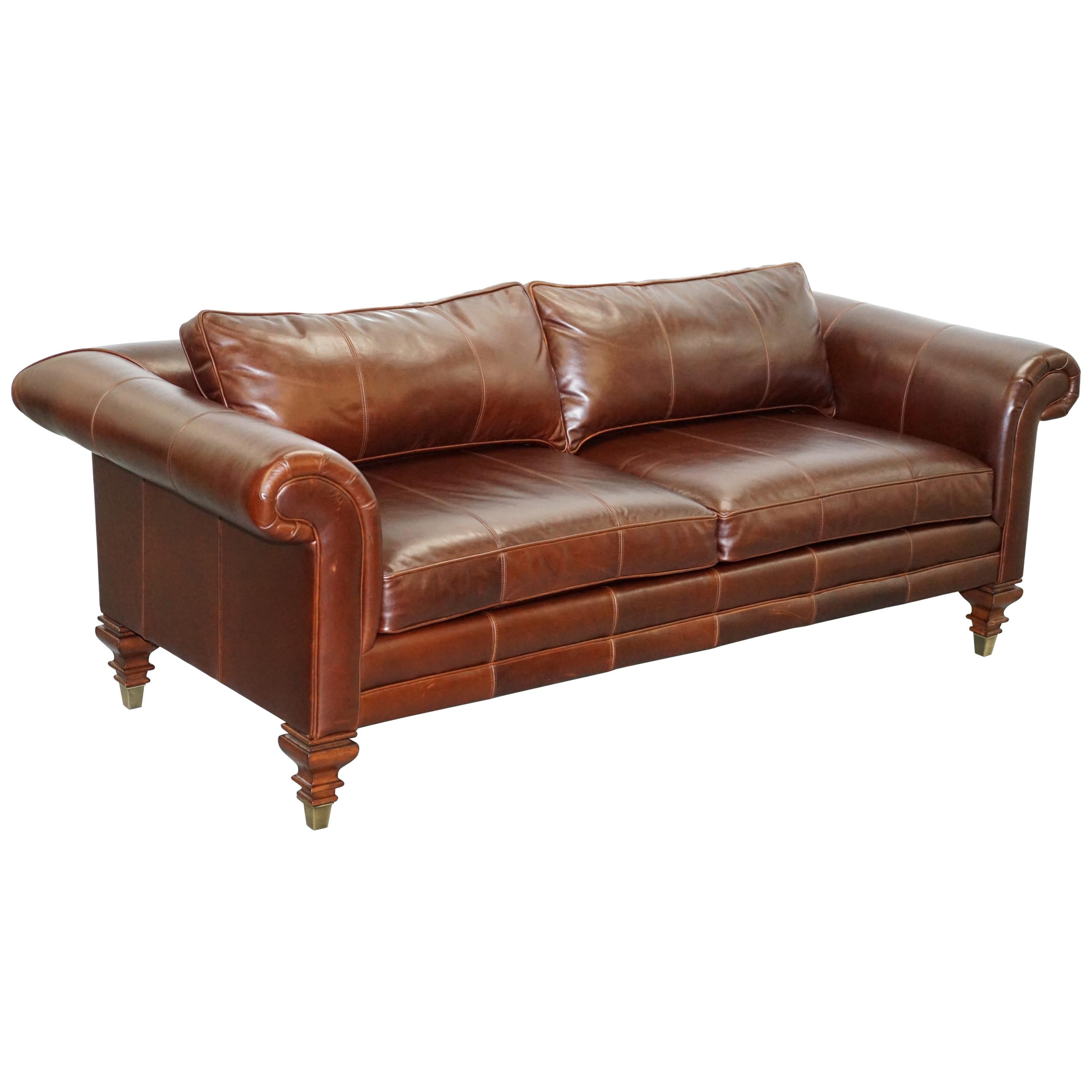 Stunning Ralph Lauren Colonial Thick Brown Leather Three-Seat Sofa
