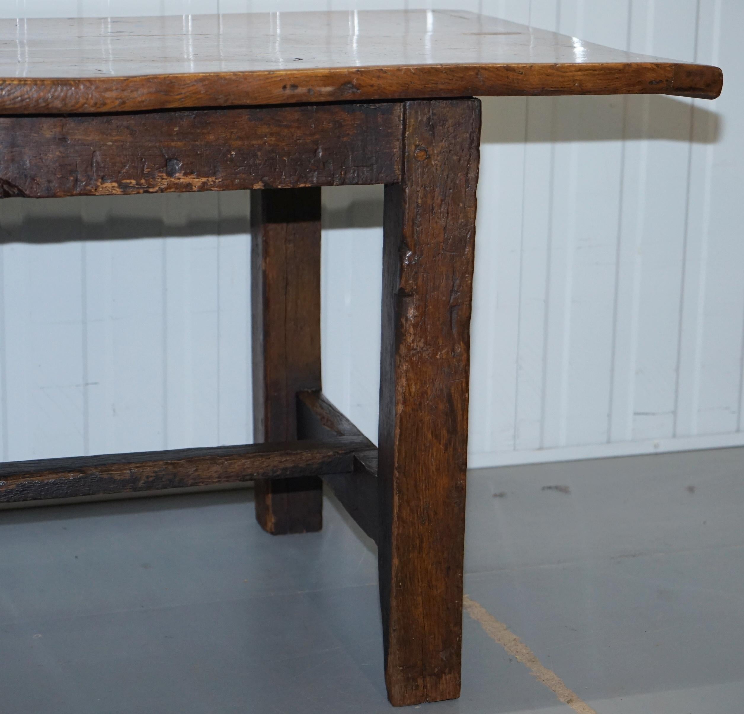 Stunning Rare 18th Century Solid Elm 2 Plank Top Refectory Dining Table Seats 5