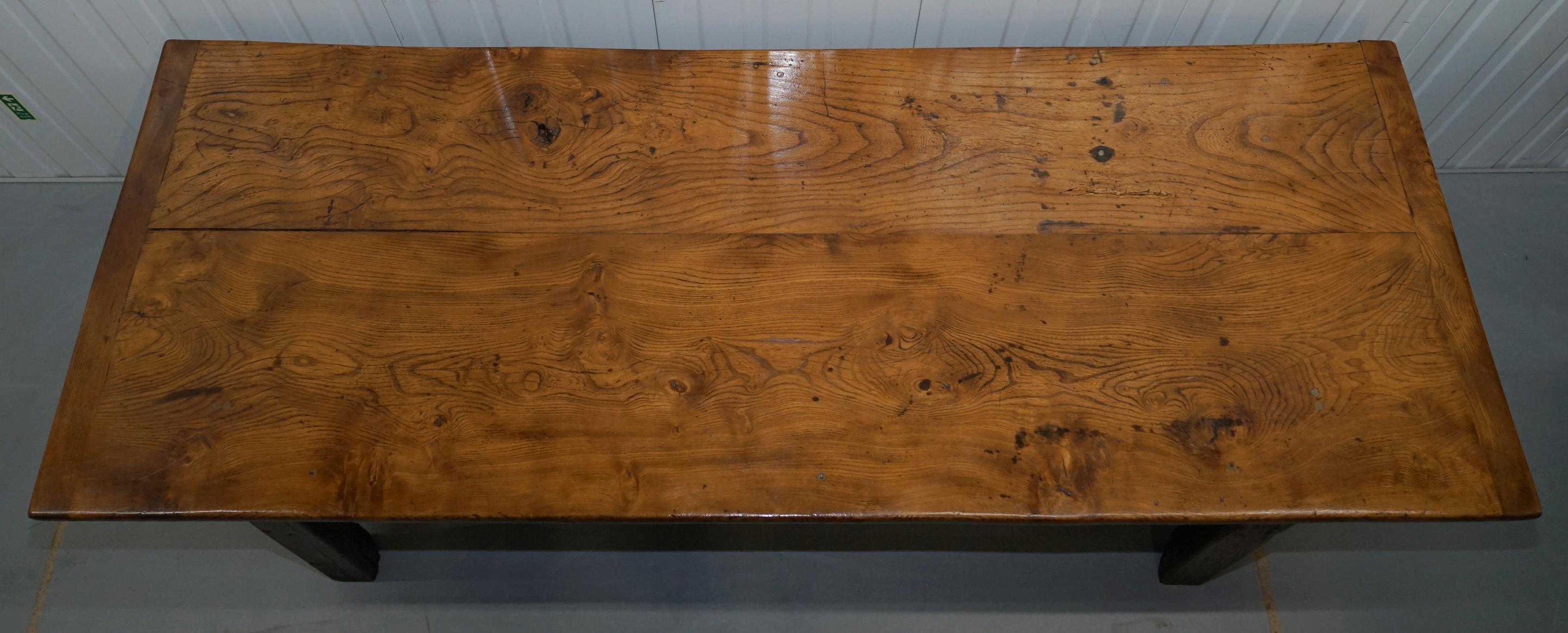 English Stunning Rare 18th Century Solid Elm 2 Plank Top Refectory Dining Table Seats