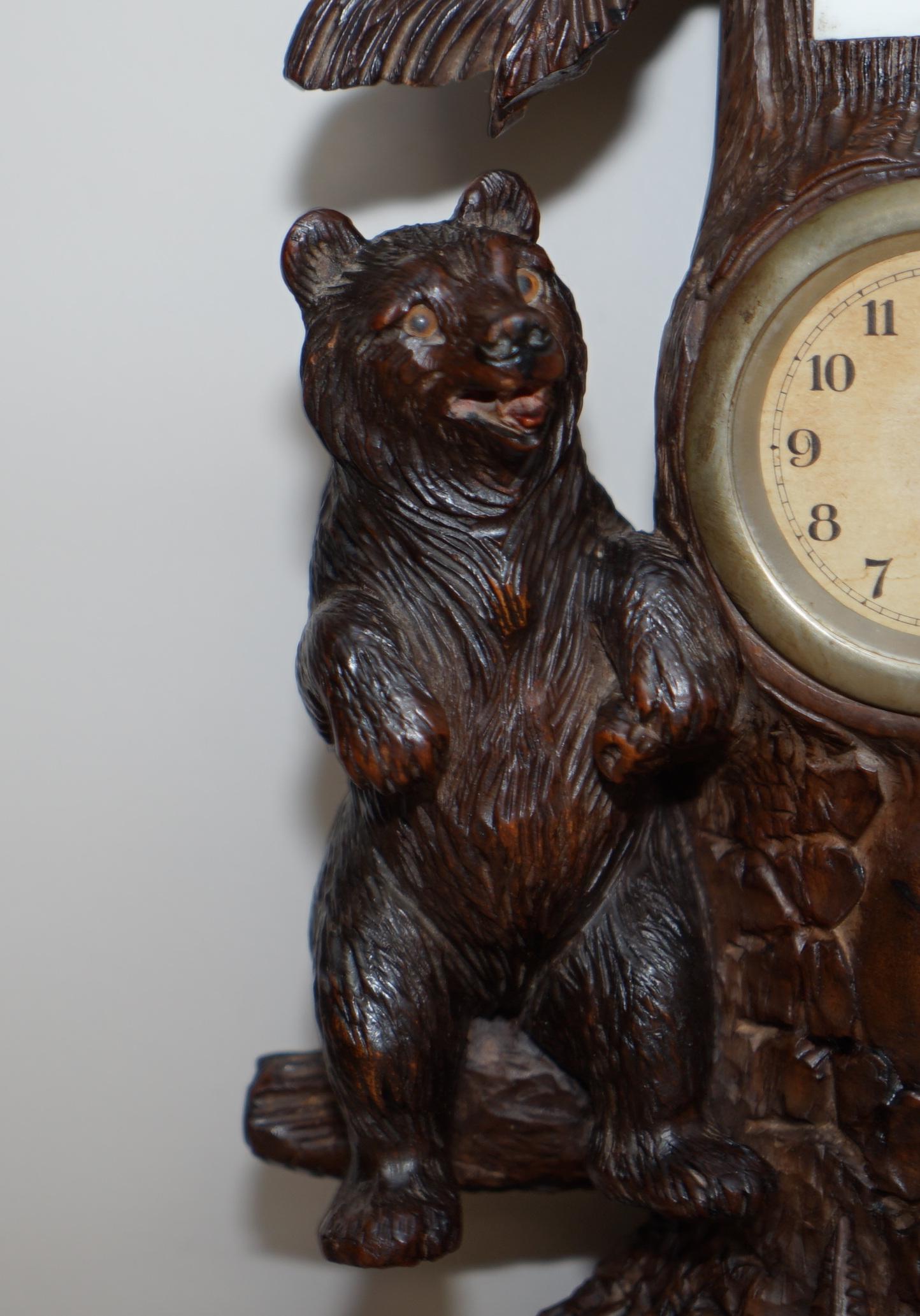 Stunning & Rare 19th Century Black Forest Carved Bears Mantle Clock Thermometer 4