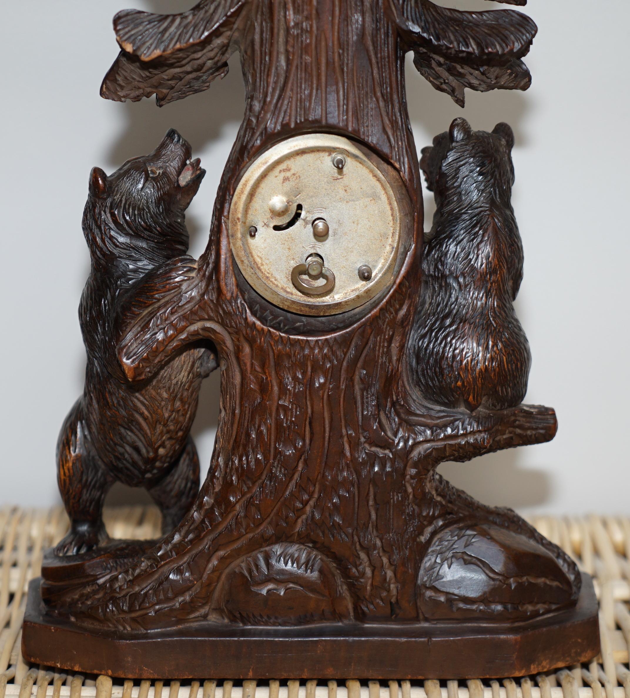 Stunning & Rare 19th Century Black Forest Carved Bears Mantle Clock Thermometer 6