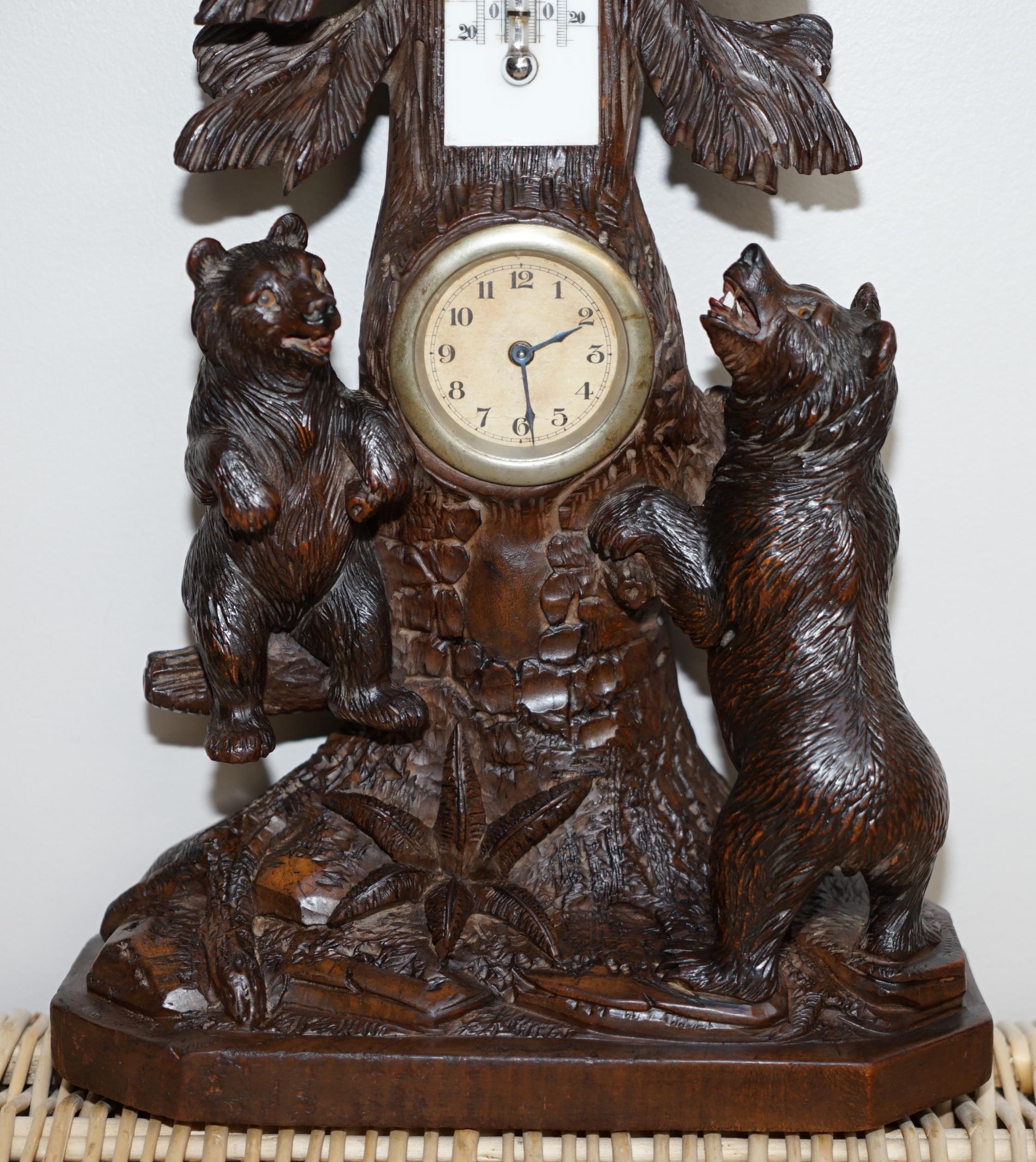 European Stunning & Rare 19th Century Black Forest Carved Bears Mantle Clock Thermometer