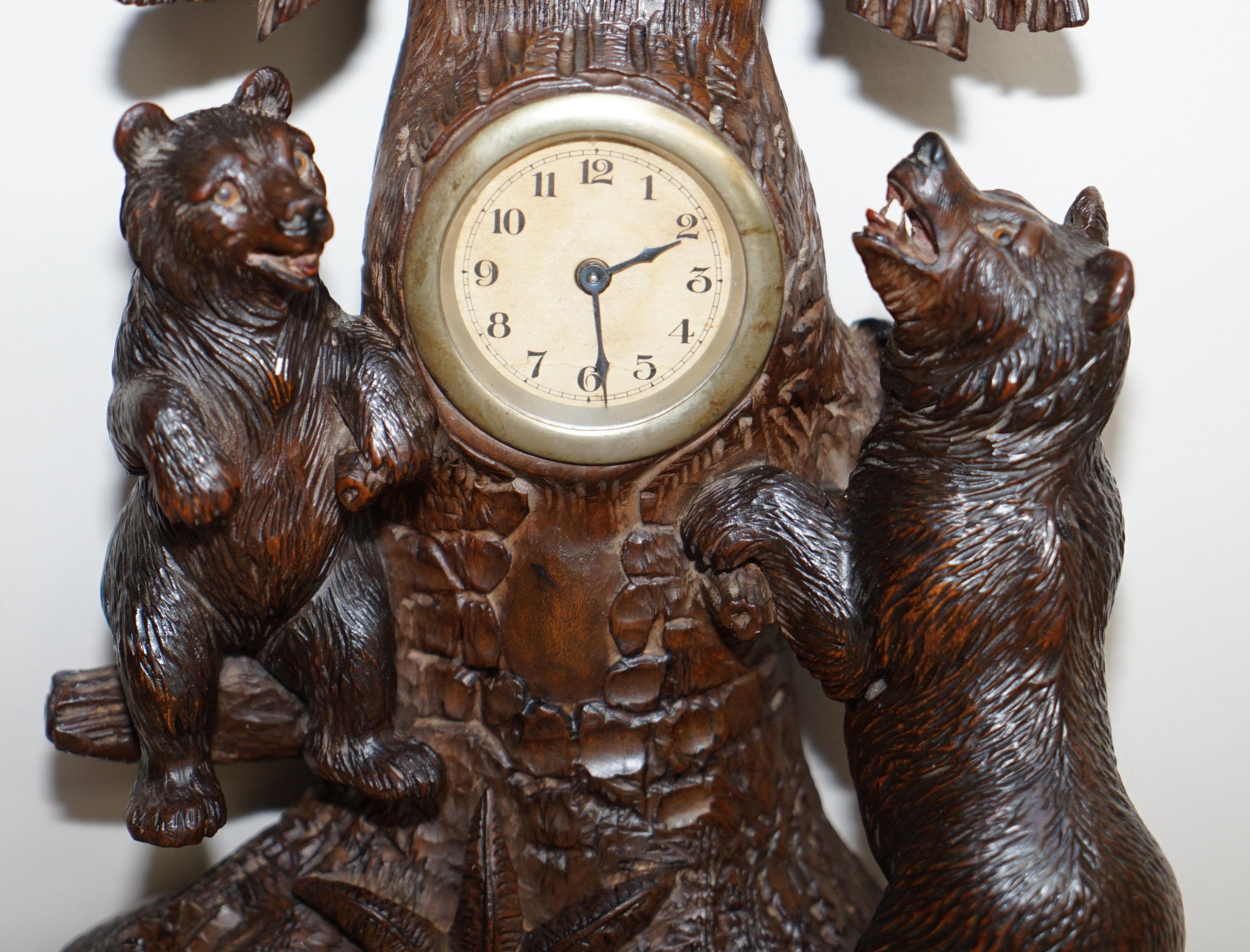Hand-Crafted Stunning & Rare 19th Century Black Forest Carved Bears Mantle Clock Thermometer