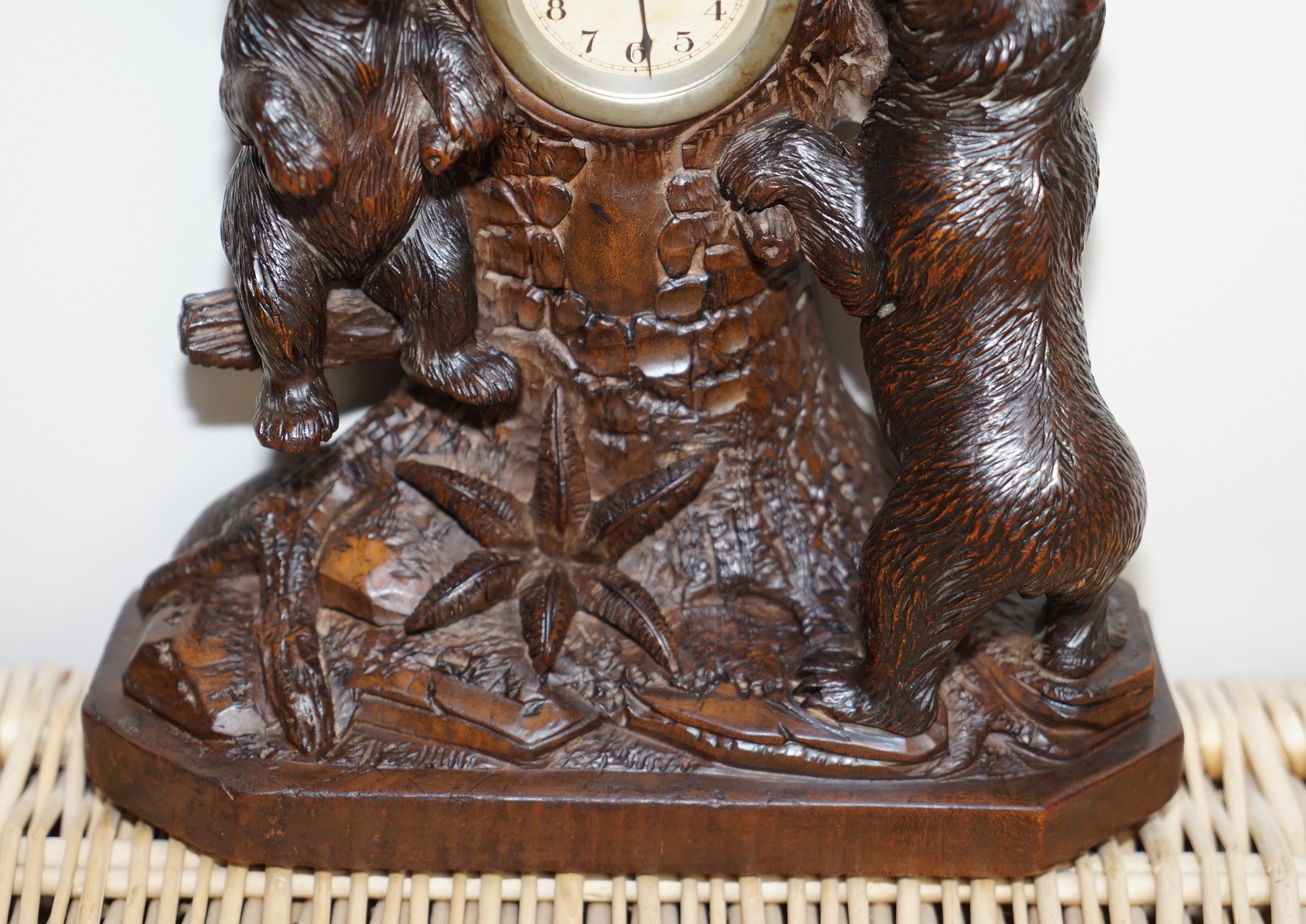 Wood Stunning & Rare 19th Century Black Forest Carved Bears Mantle Clock Thermometer