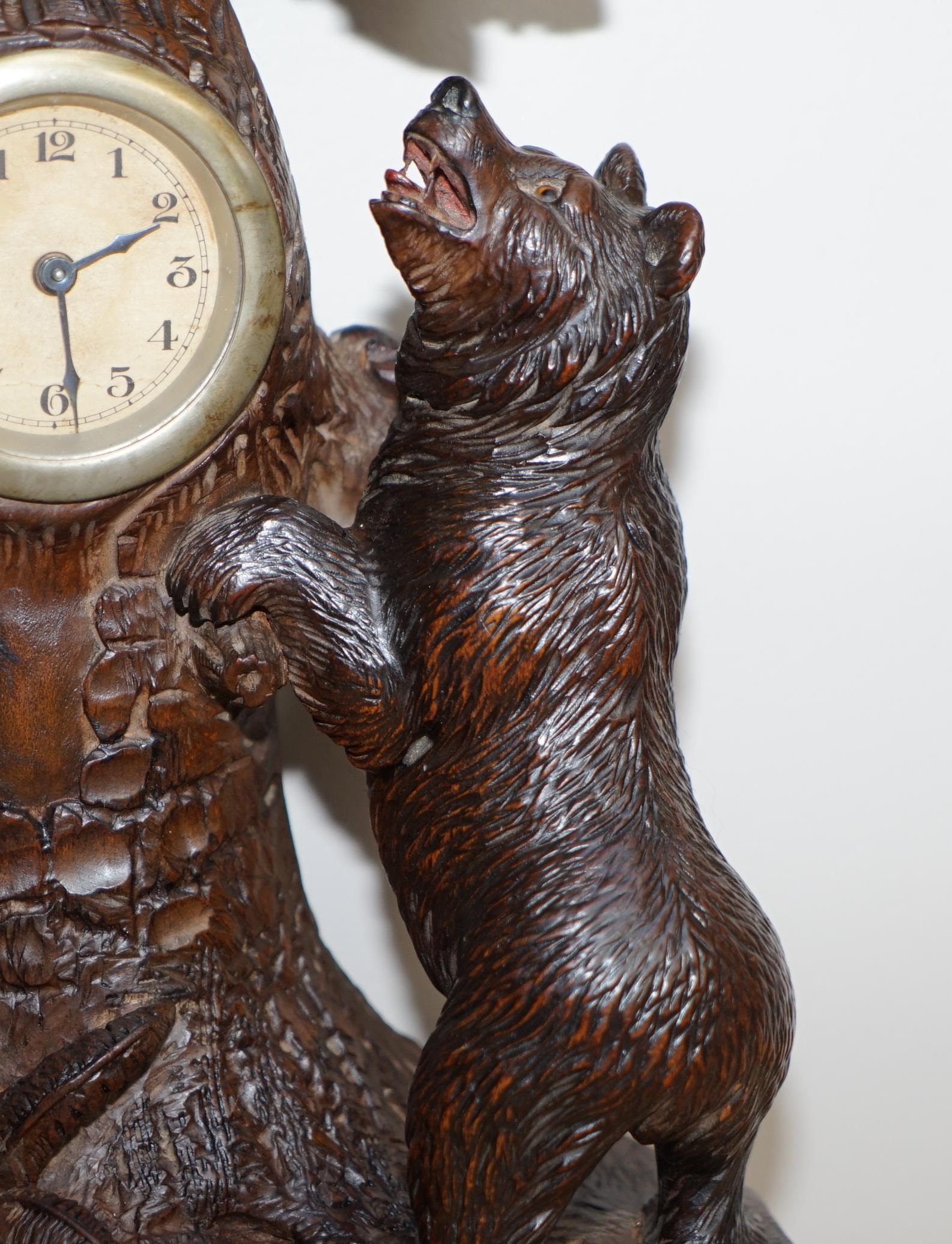 Stunning & Rare 19th Century Black Forest Carved Bears Mantle Clock Thermometer 1