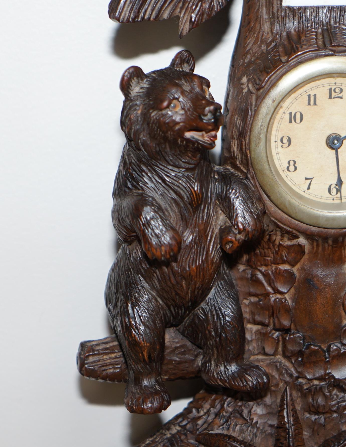 Stunning & Rare 19th Century Black Forest Carved Bears Mantle Clock Thermometer 3