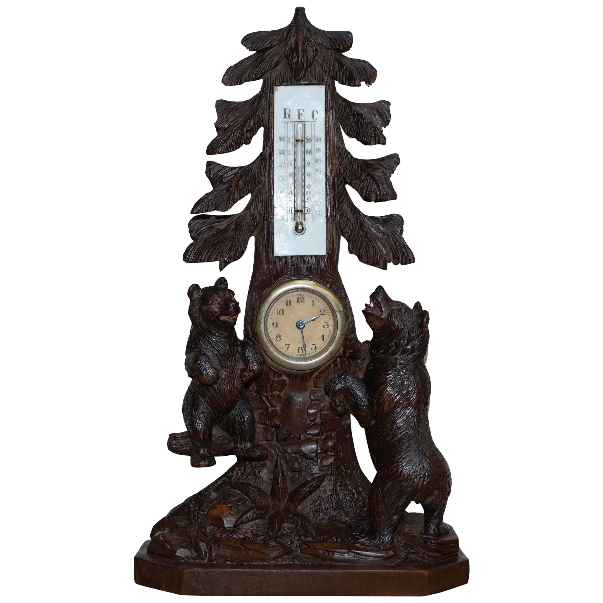 Stunning & Rare 19th Century Black Forest Carved Bears Mantle Clock Thermometer