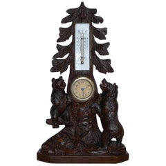 Used Stunning & Rare 19th Century Black Forest Carved Bears Mantle Clock Thermometer