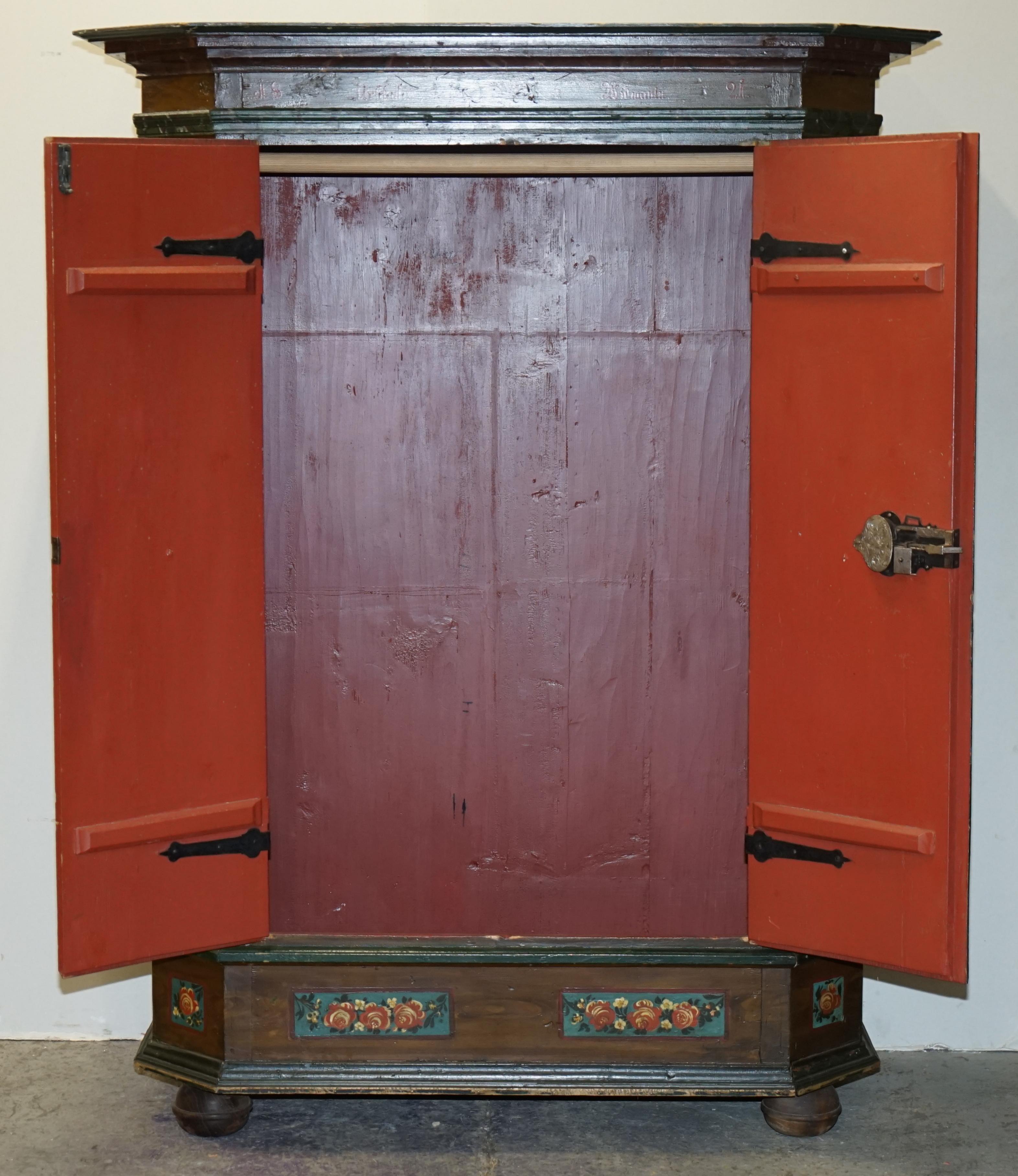 Stunning Rare Antique 1829-1851 Dated Hand Painted German Marriage Wardrobe For Sale 12