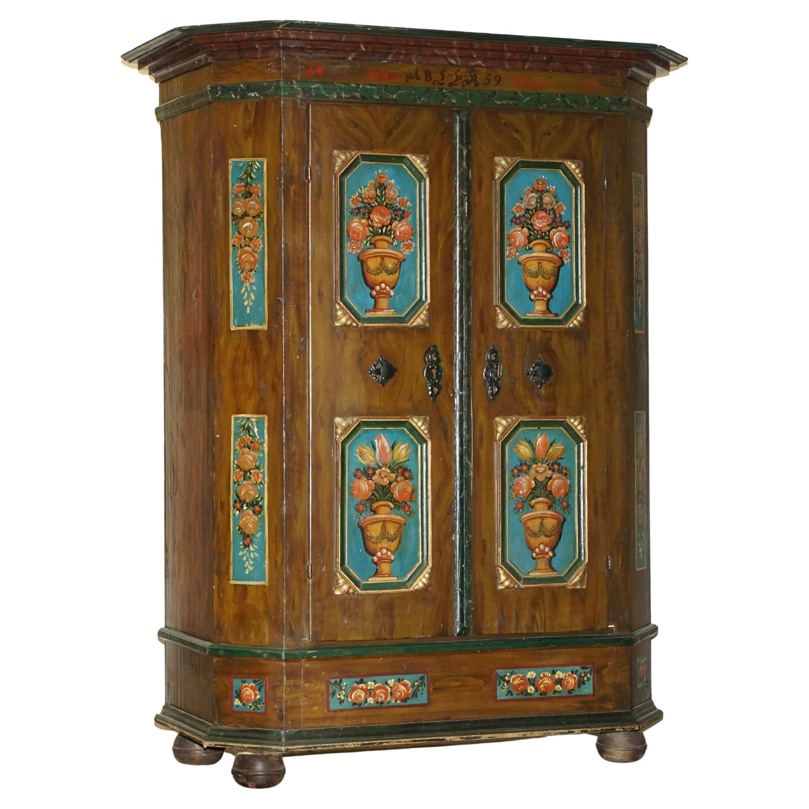 Stunning Rare Antique 1829-1851 Dated Hand Painted German Marriage Wardrobe For Sale