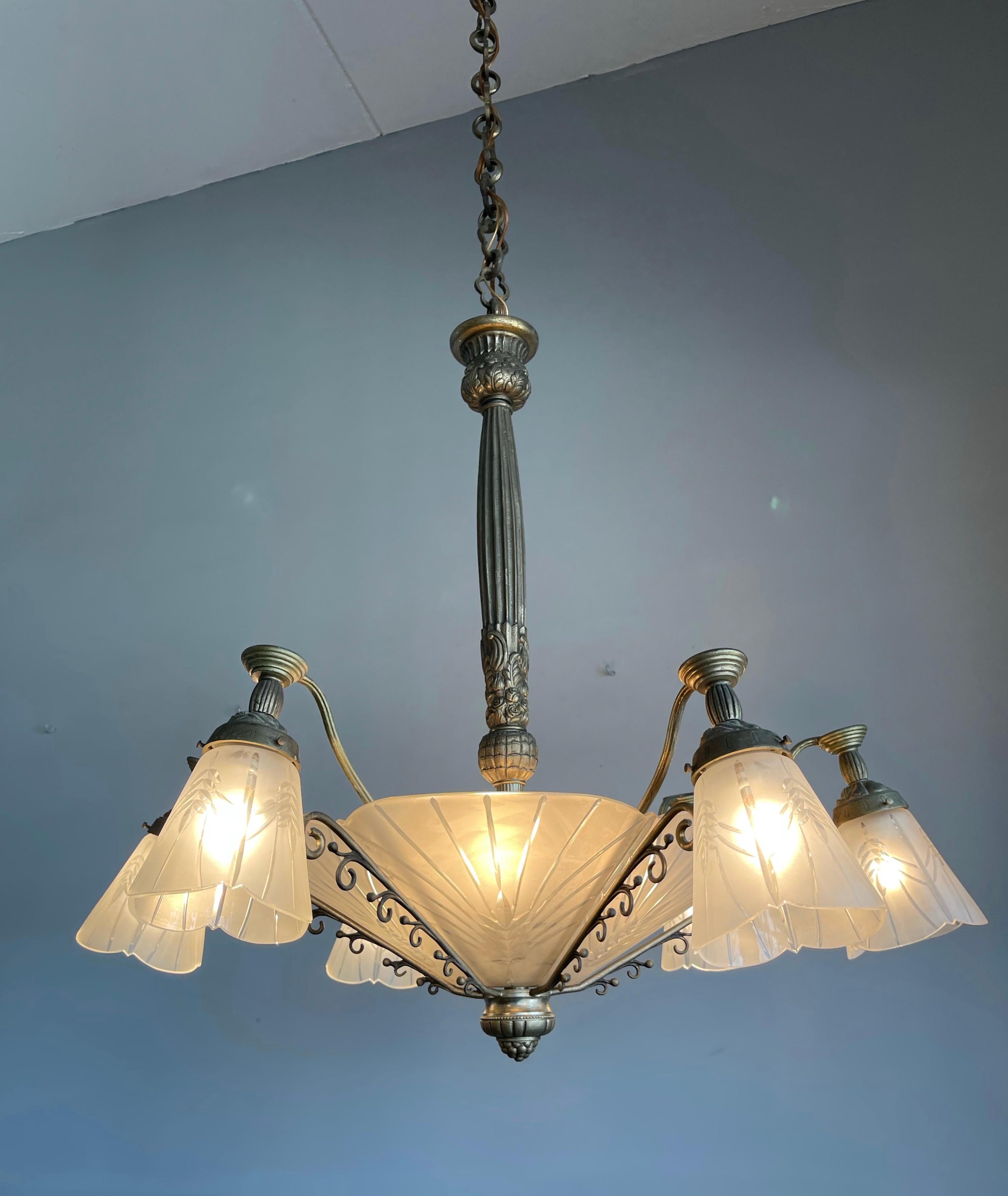 Stunning and Rare Antique French Art Deco Nine Light Bronze and Glass Chandelier For Sale 12