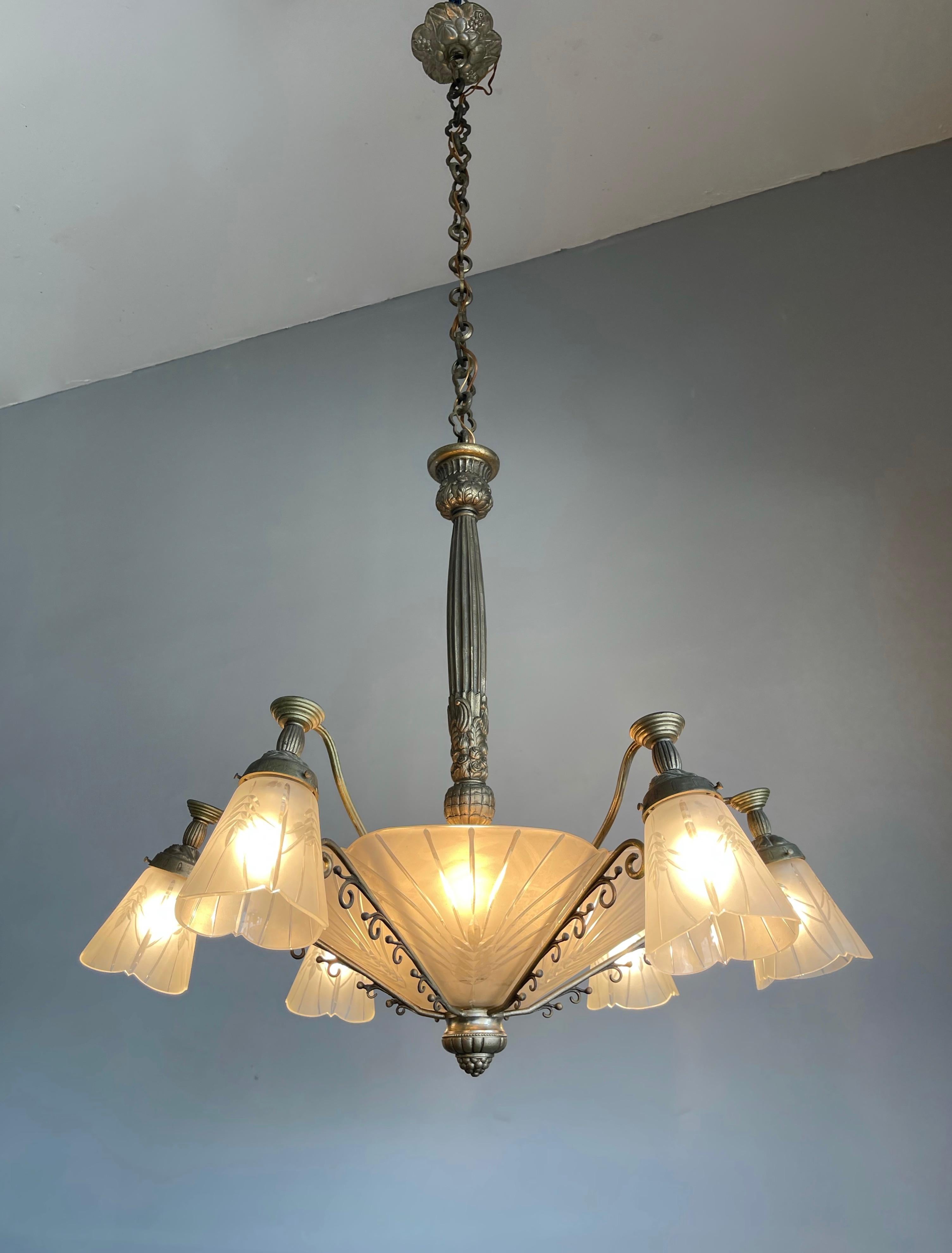 Etched Stunning and Rare Antique French Art Deco Nine Light Bronze and Glass Chandelier For Sale