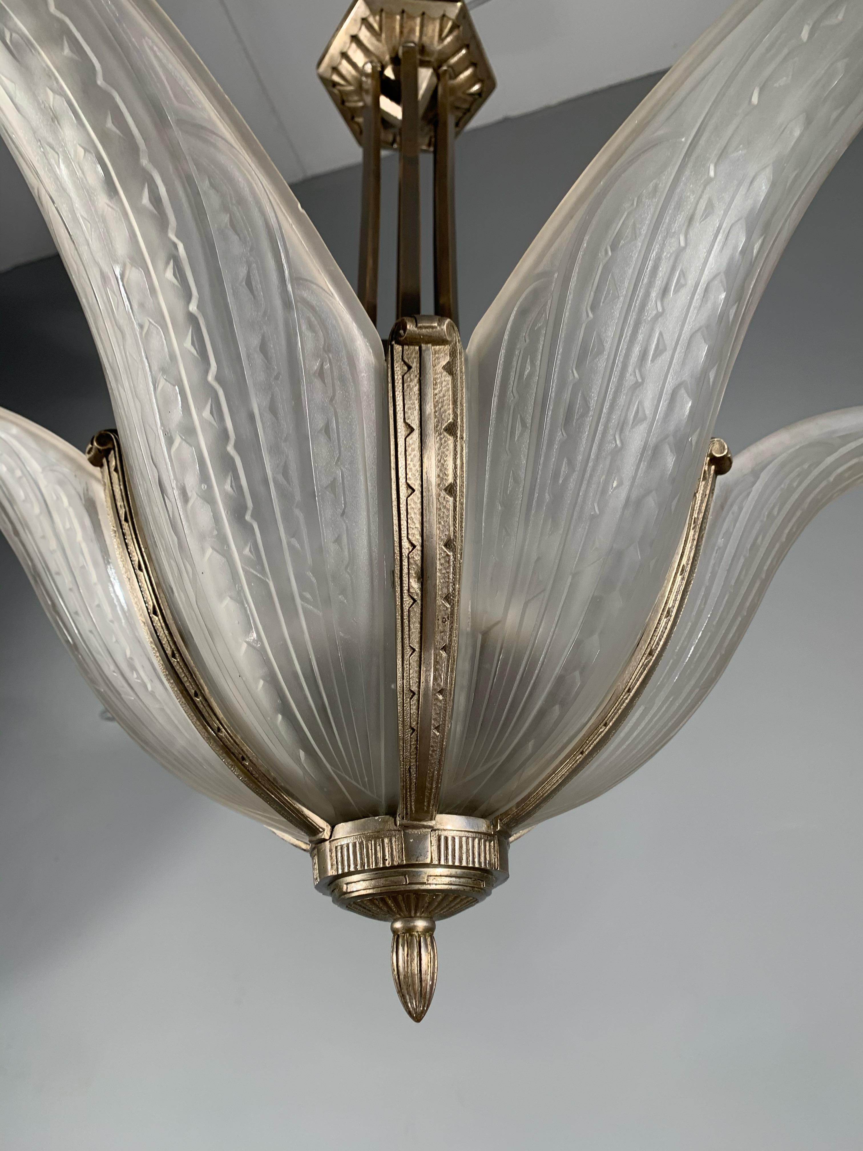 Bronze Stunning Art Deco Palm Pendant Light by Verreries Des Hanots of Paris, France
