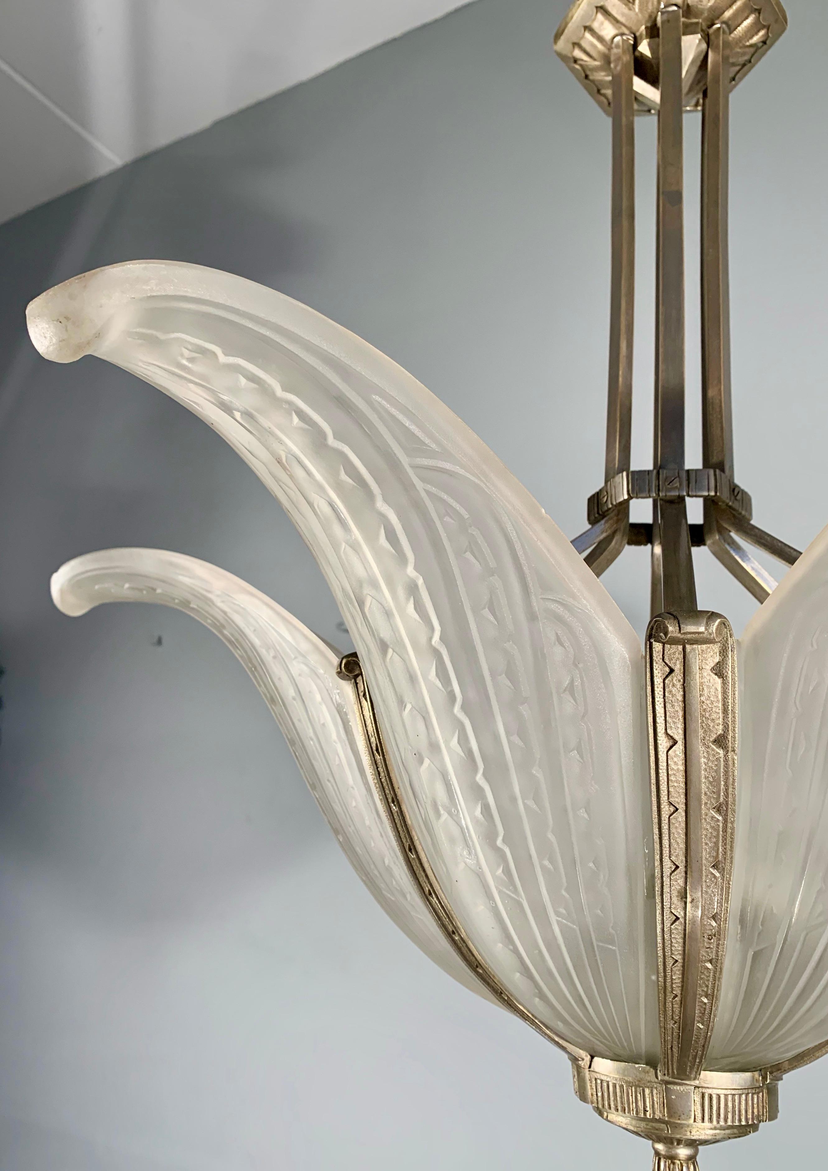 Stunning Art Deco Palm Pendant Light by Verreries Des Hanots of Paris, France 1