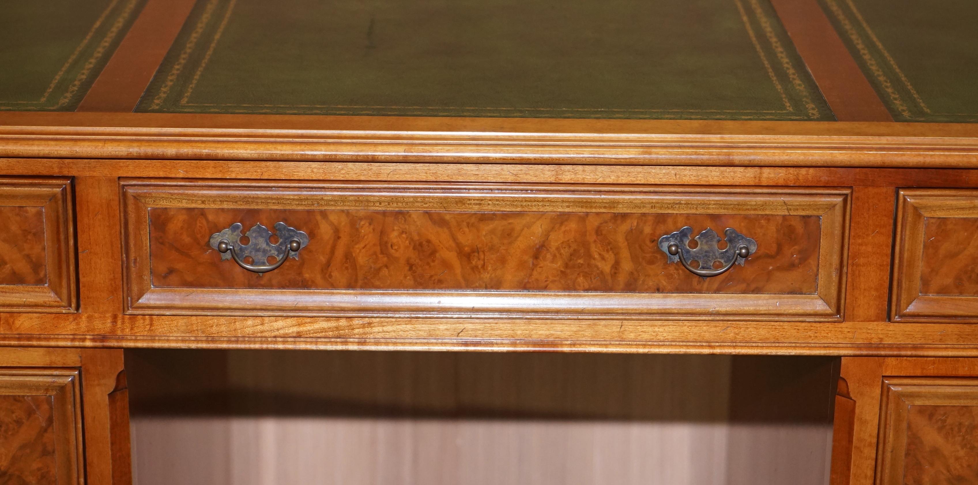 Stunning Rare Burr Walnut Green Leather Twin Pedestal Partner Desk Mouse Shelf 4